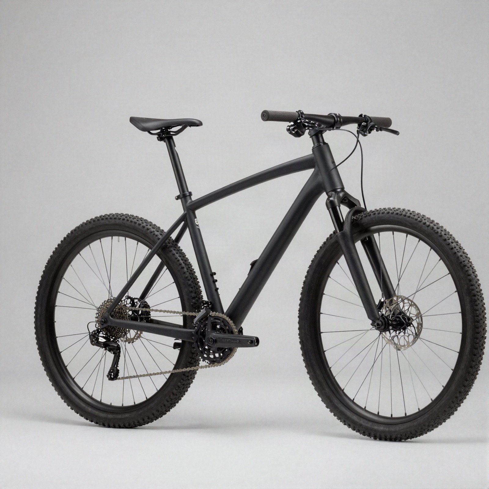 A matte black hardtail mountain bike with knobby tyres