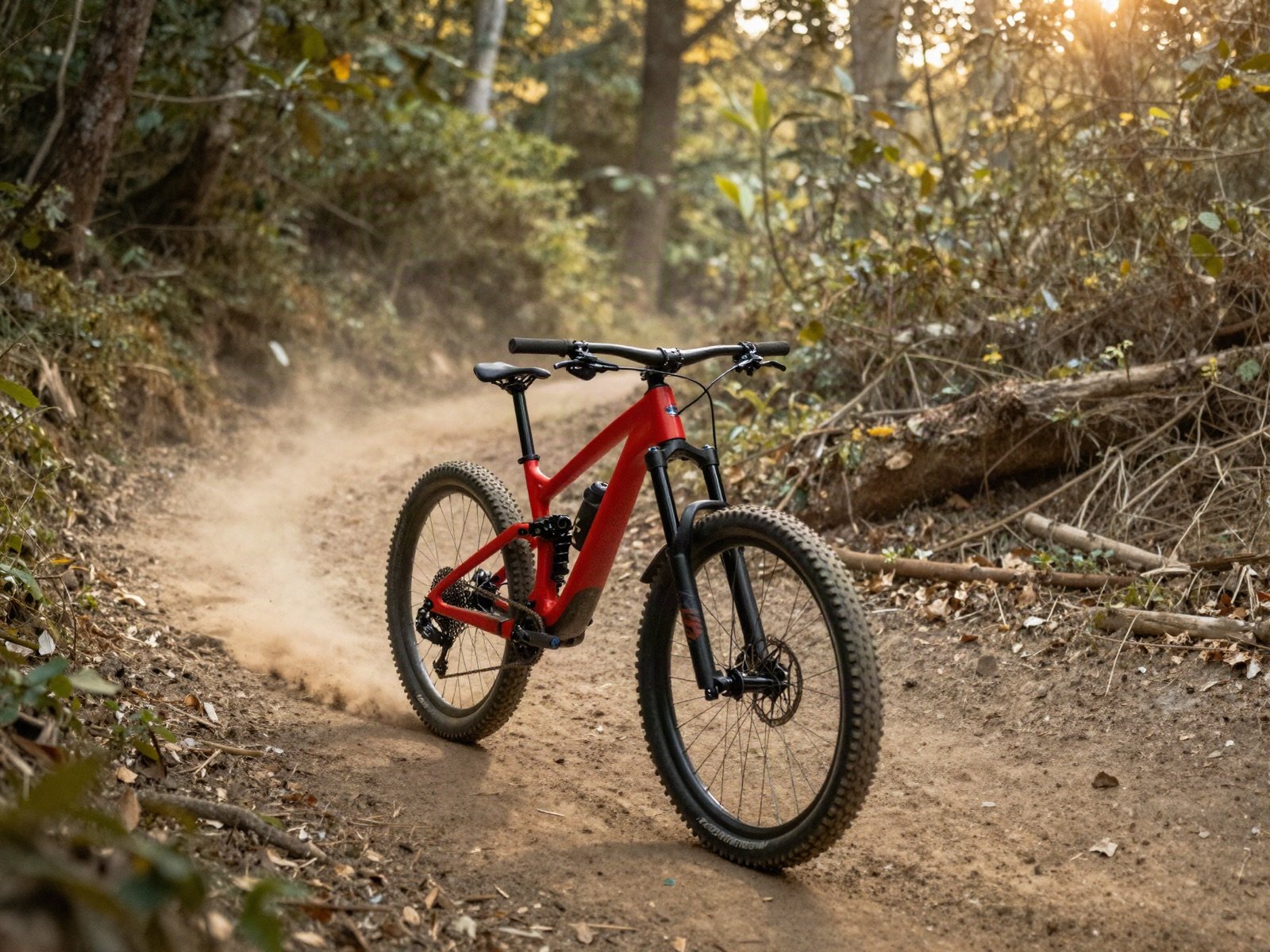 A red mountain bike on a dusty forest trail
