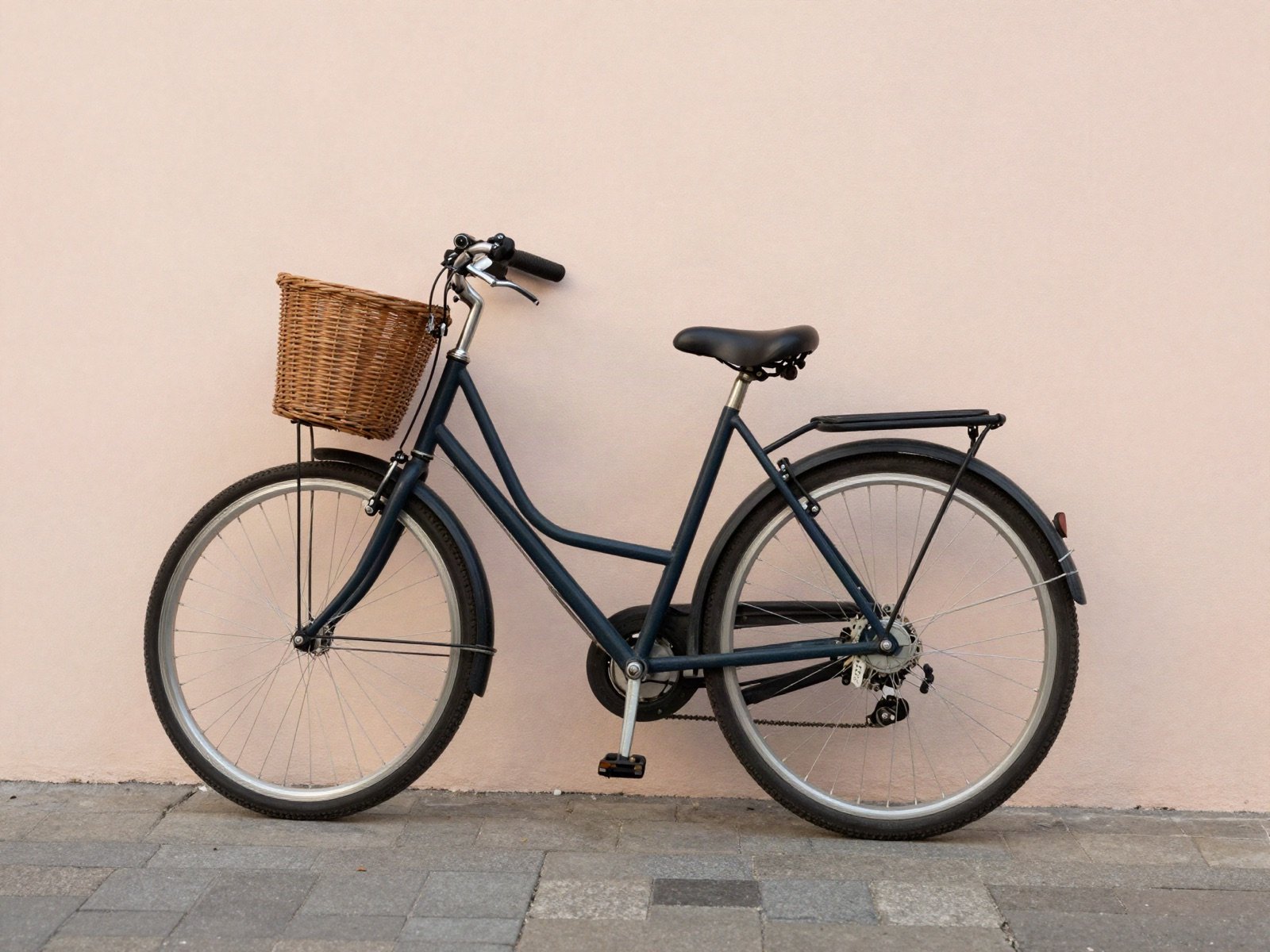 A city bike with a wicker basket and rack against a pastel wall
