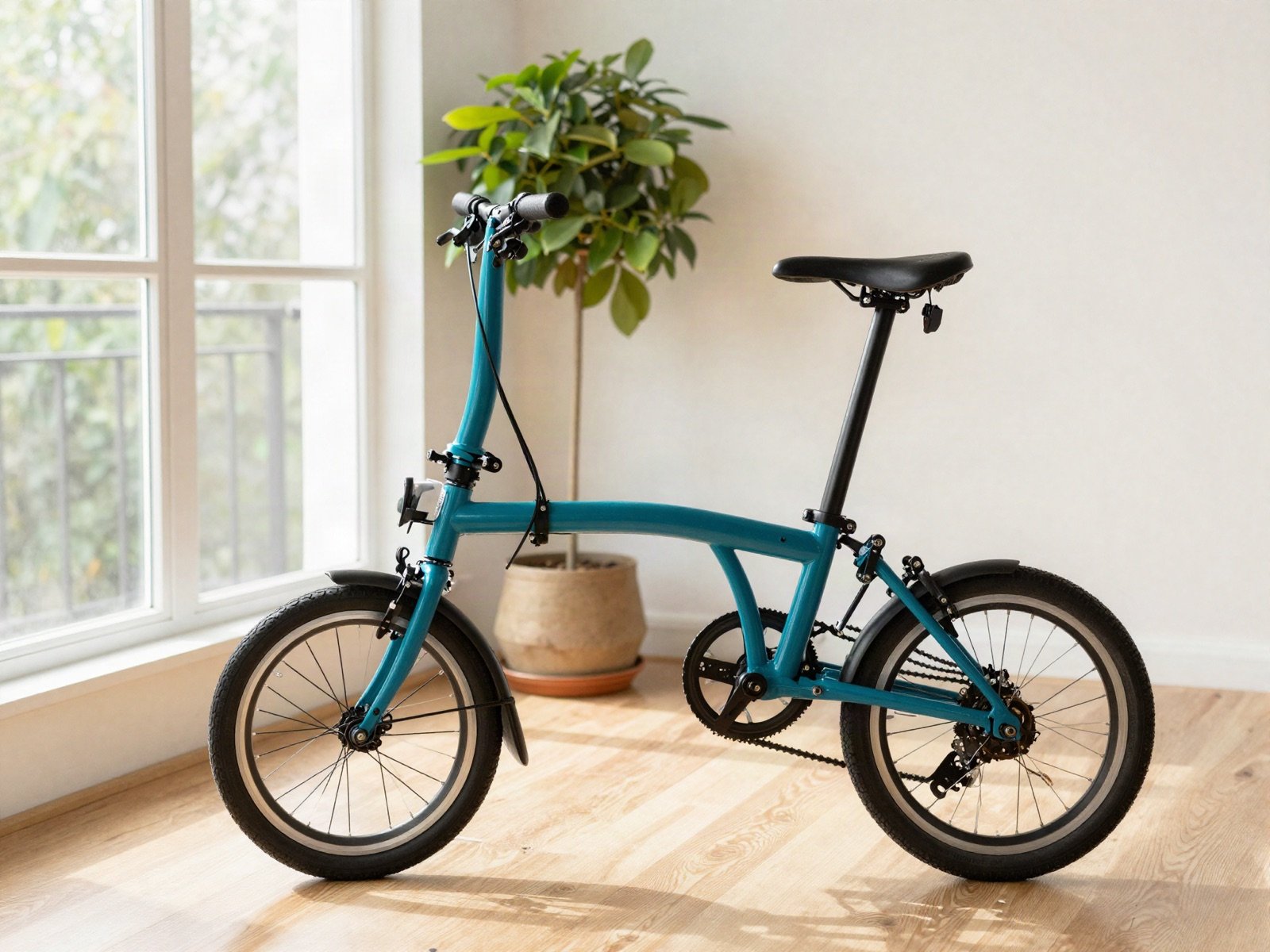 A teal folding bike beside a sunny apartment window