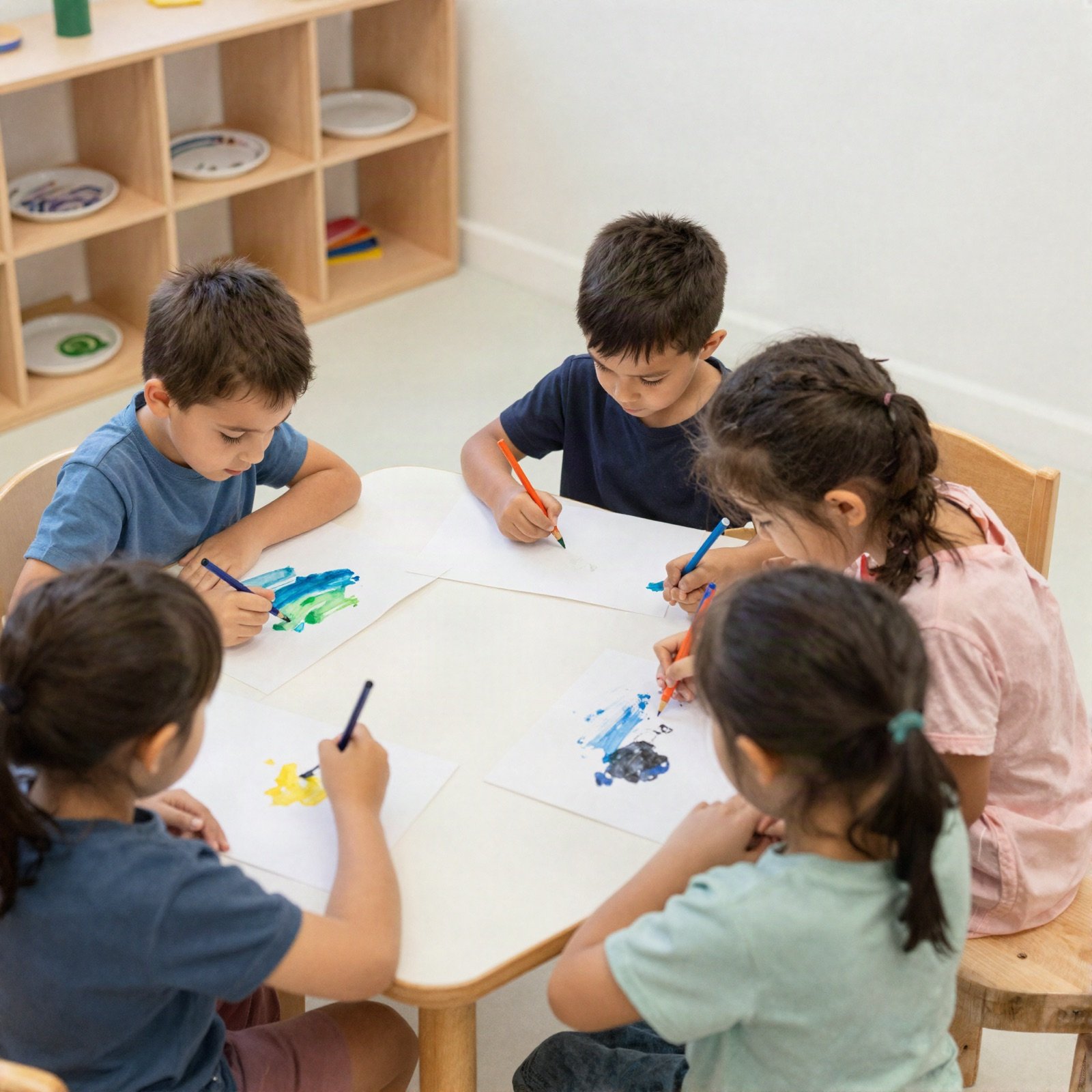 أطفال ما قبل المدرسة يرسمون بالألوان المائية على طاولة منخفضة