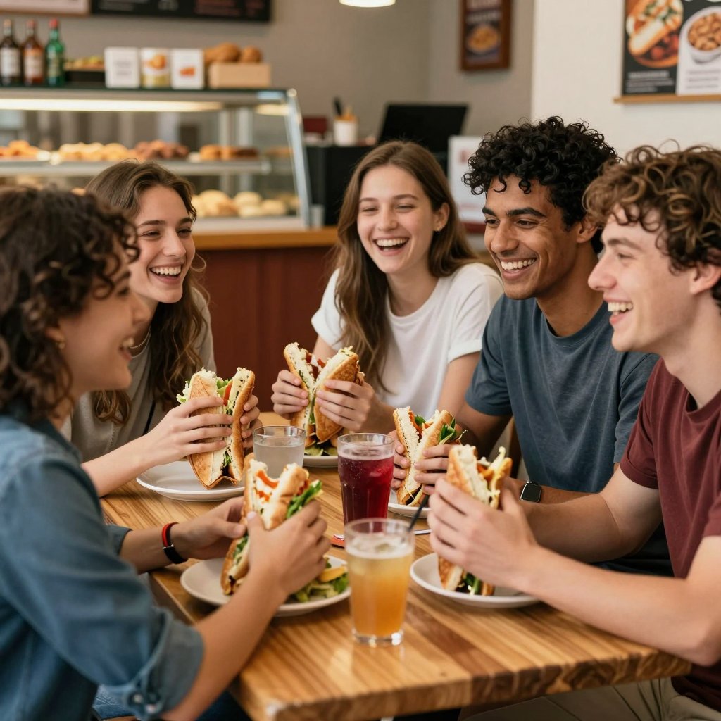 Friends laughing over sandwiches and drinks at a wooden table