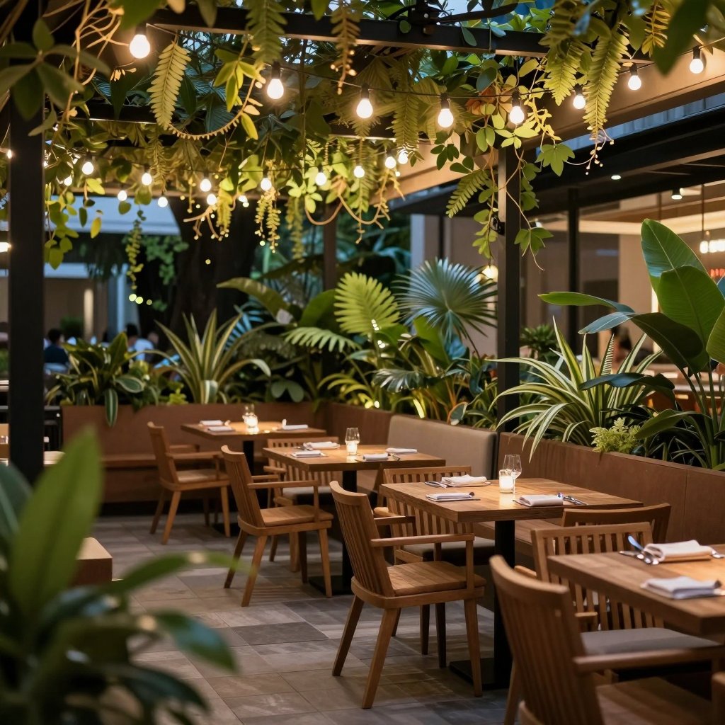 A terrace with wooden tables surrounded by lush plants and string lights