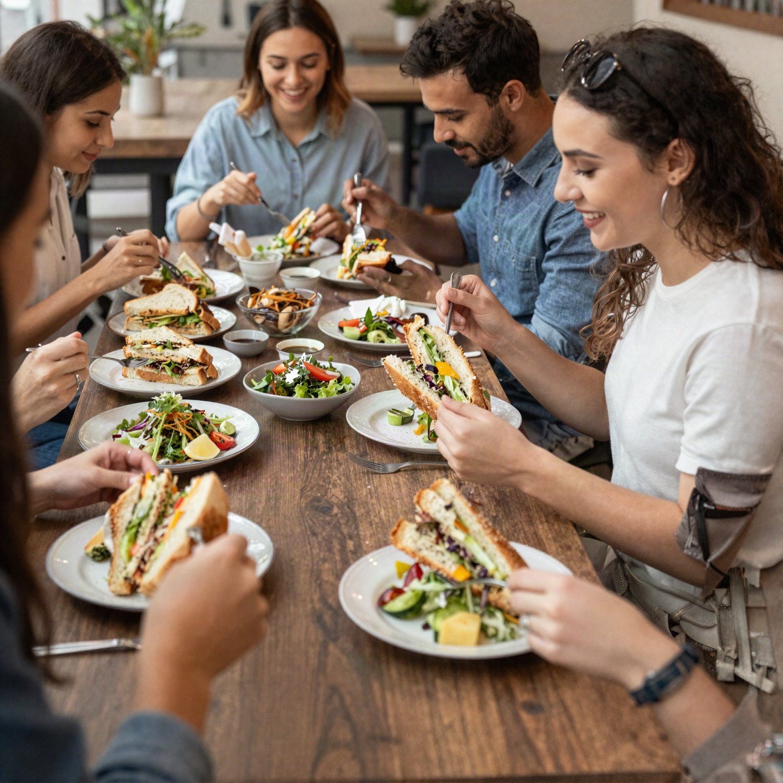 Friends sharing sandwiches and salads at a long wooden table