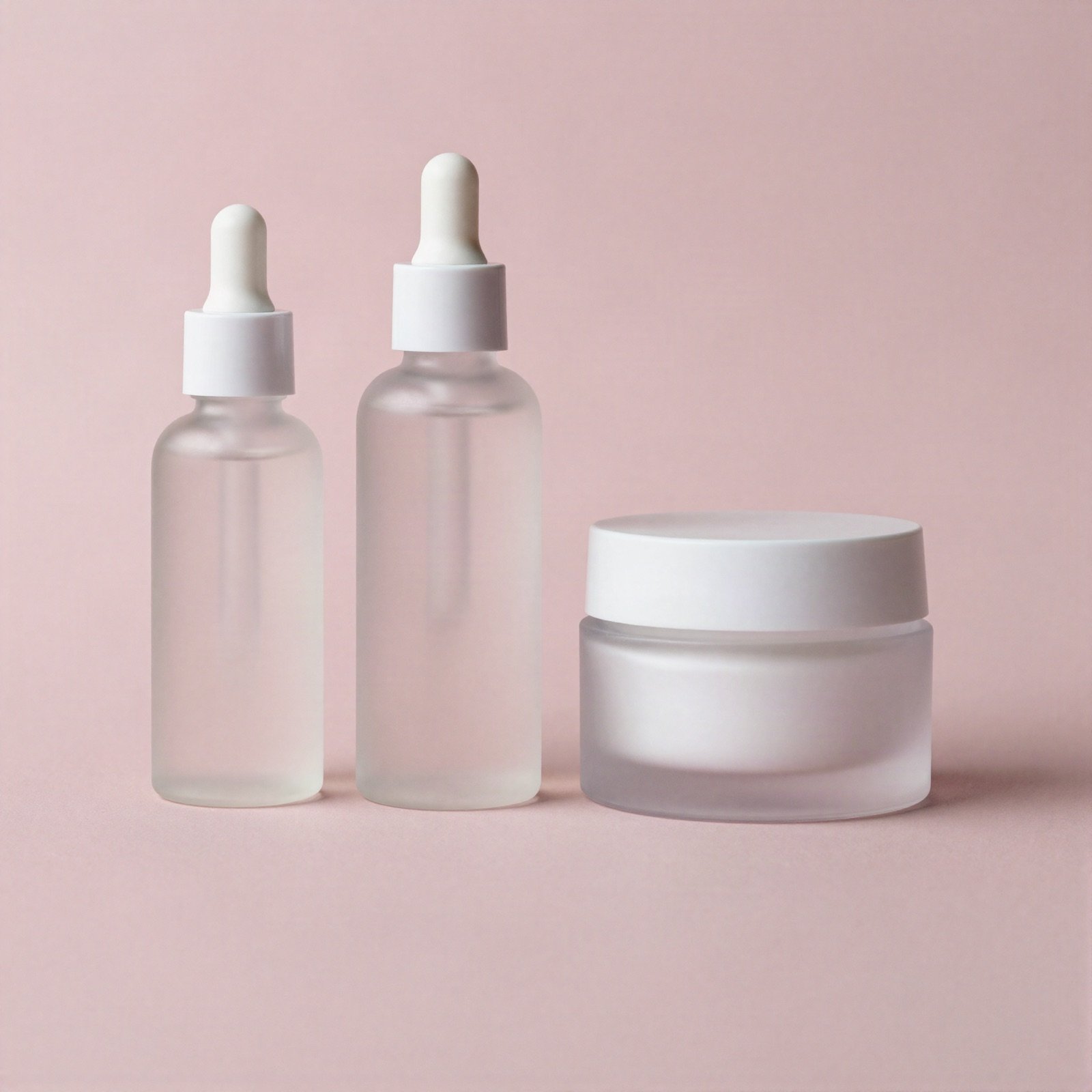 Frosted glass skincare bottles and a cream jar on a soft pink background