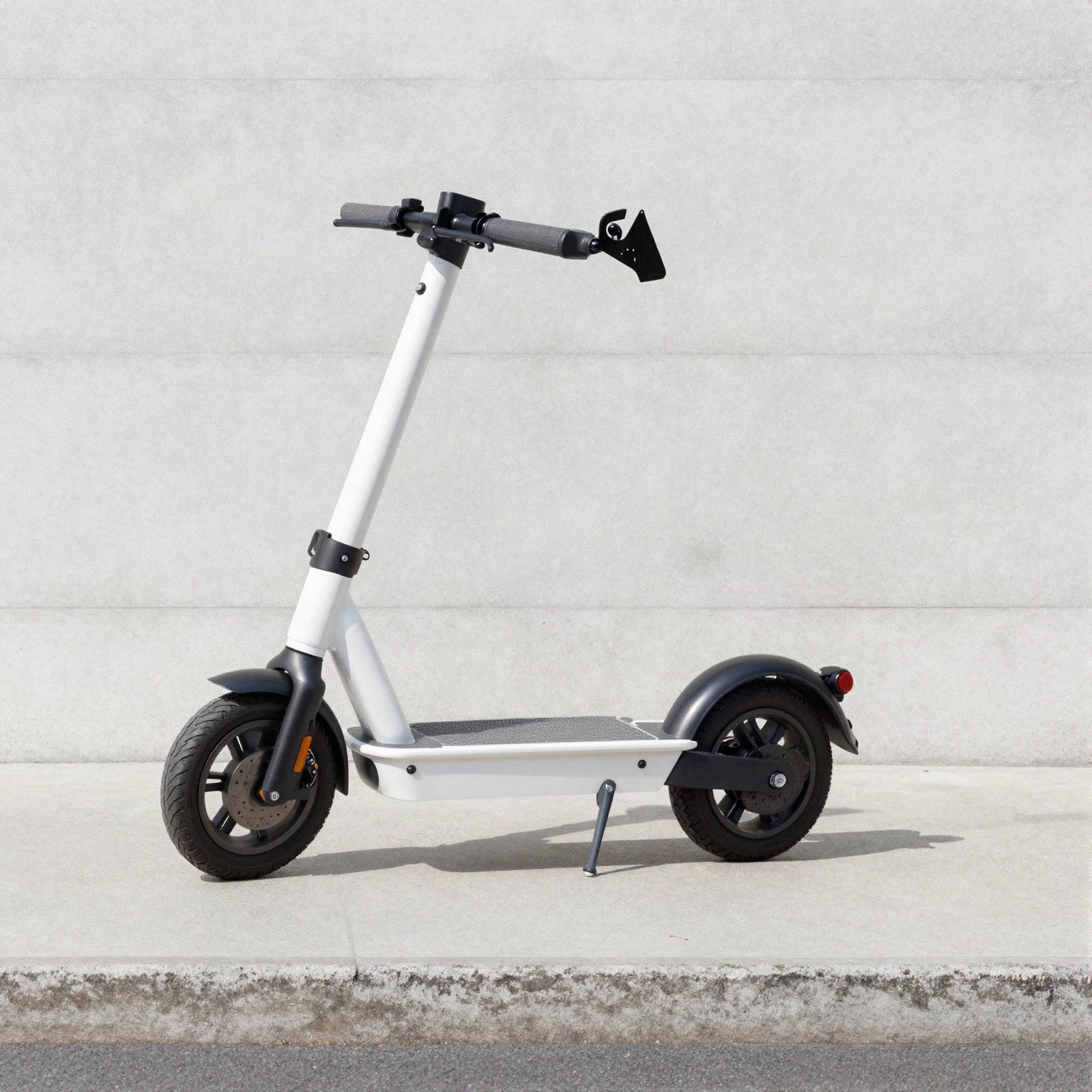 A white electric kick scooter parked on a city sidewalk