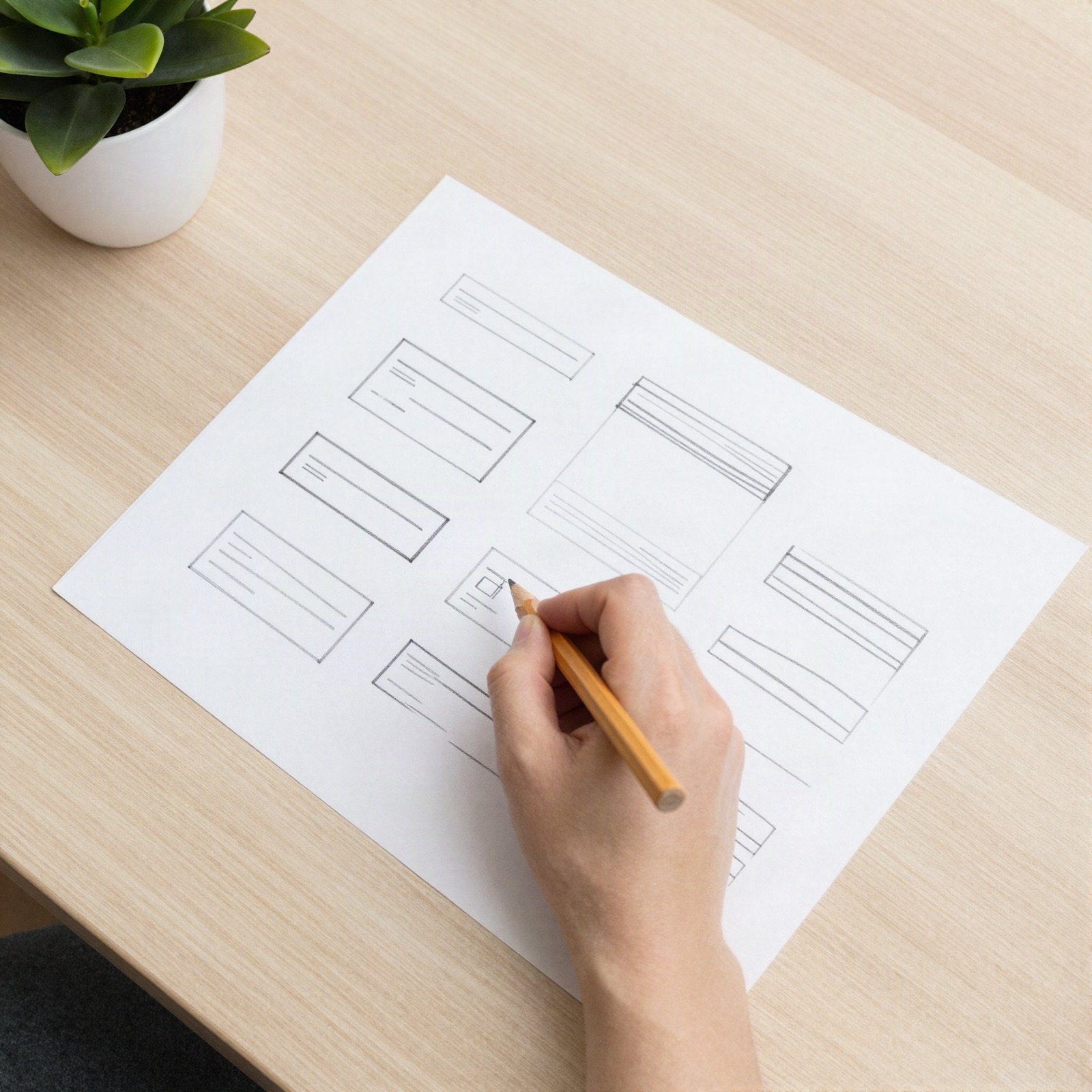 A designer sketching website wireframes on paper with a pencil