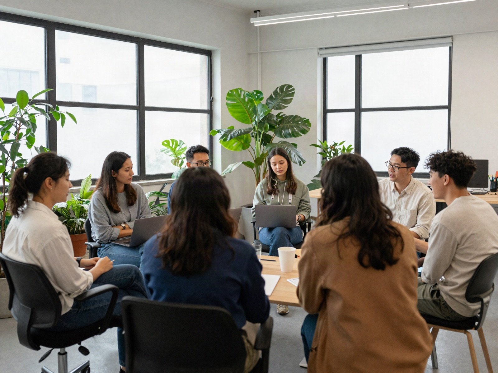 The agency team in a relaxed meeting in a bright loft office with plants