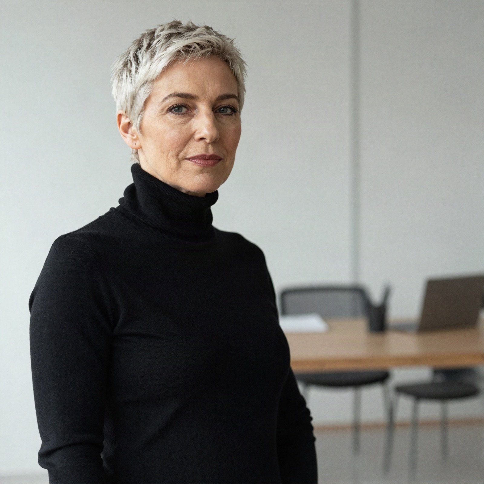 Creative director with short platinum hair in a black turtleneck