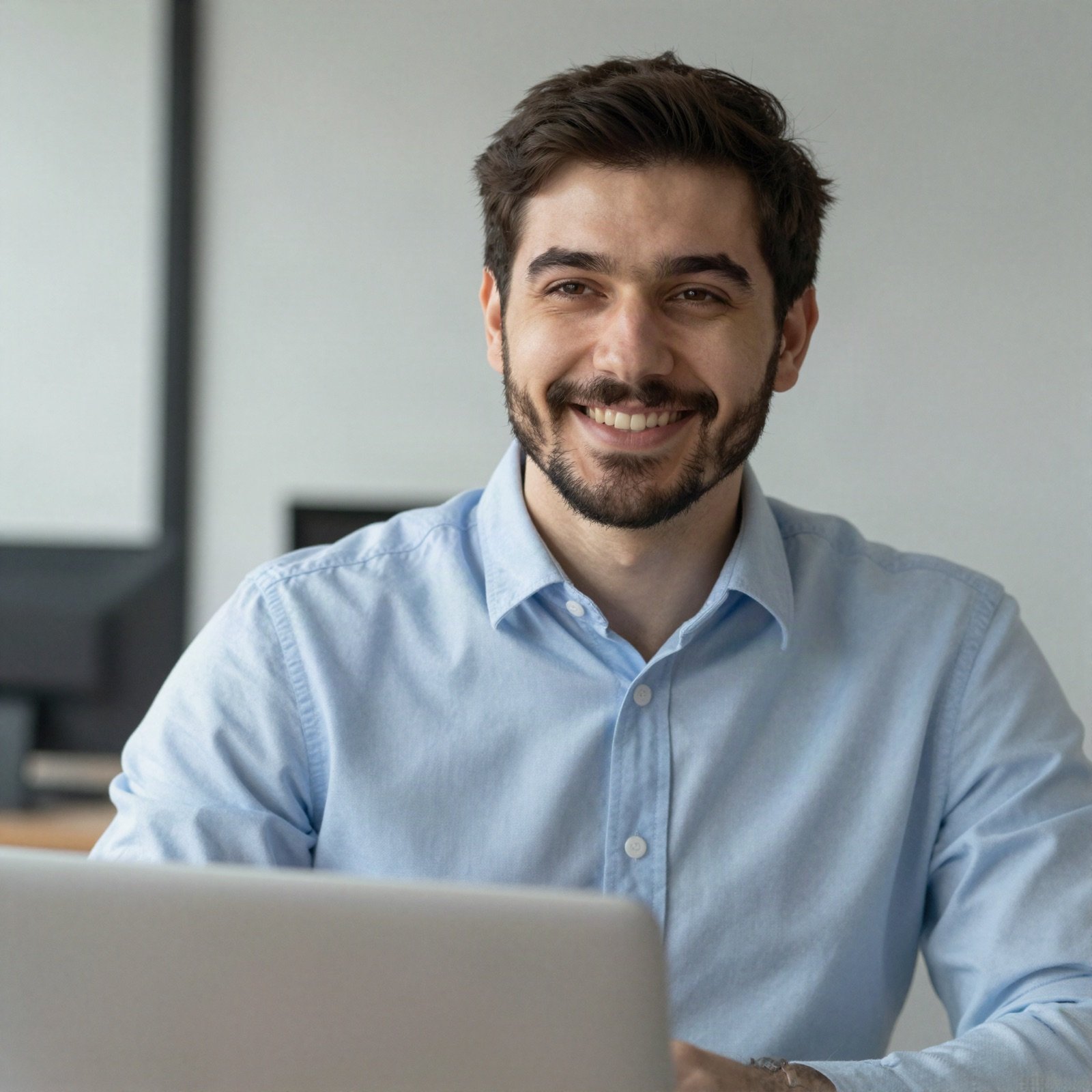 Smiling marketer with a short beard in a light blue shirt