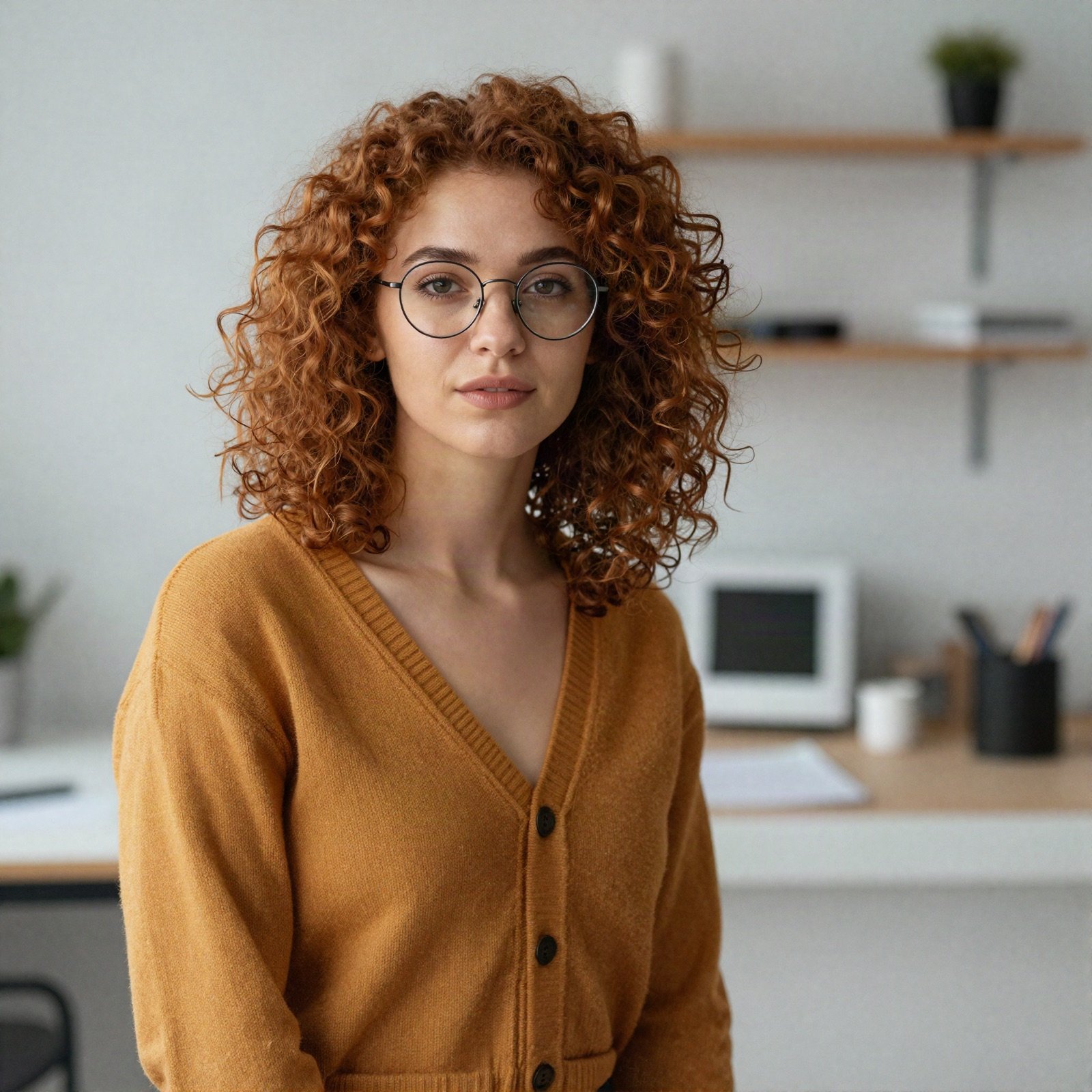 Designer with curly auburn hair and round glasses in a mustard cardigan
