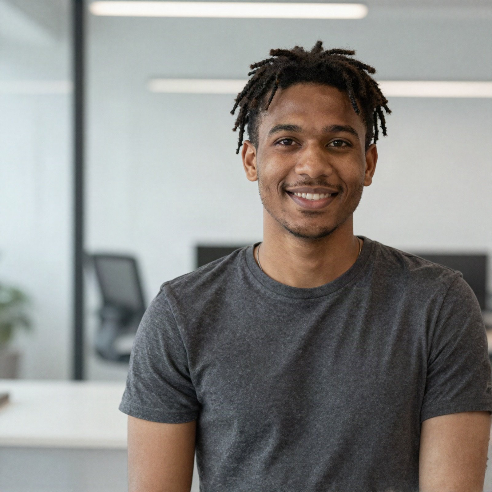Smiling developer in a charcoal t-shirt in a bright office