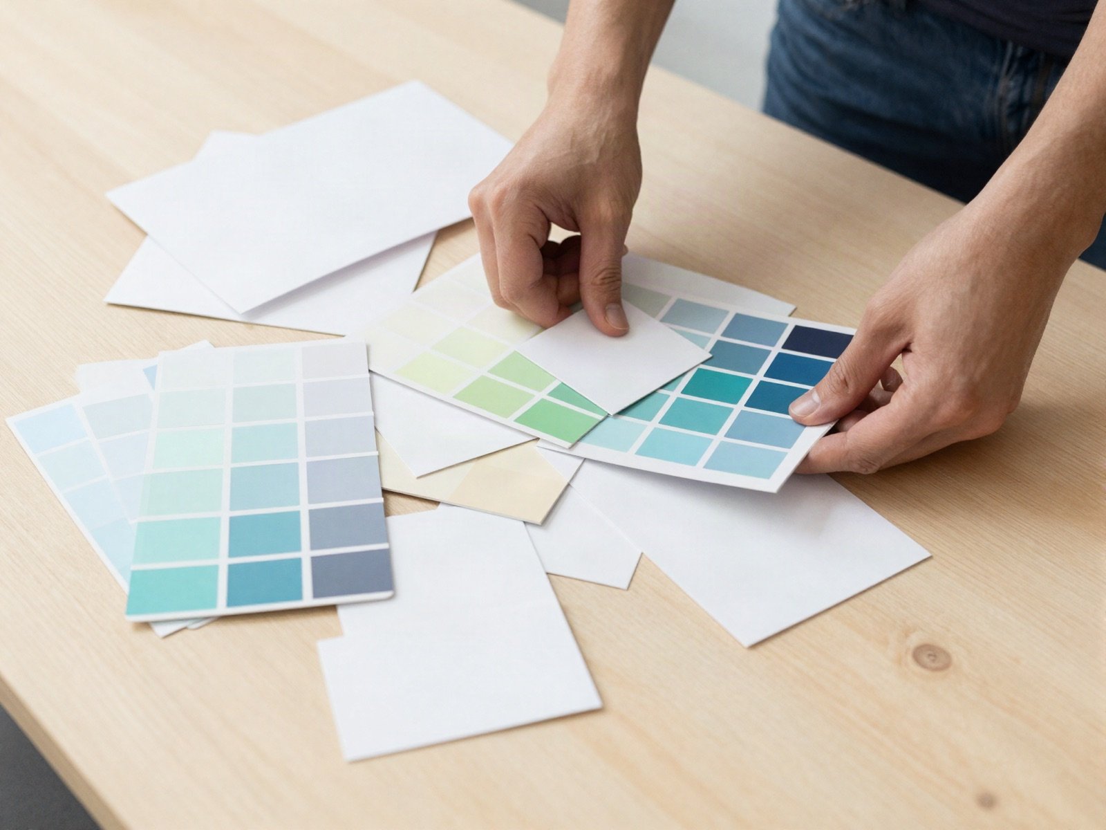 A designer arranging colour swatches and paper samples on a table