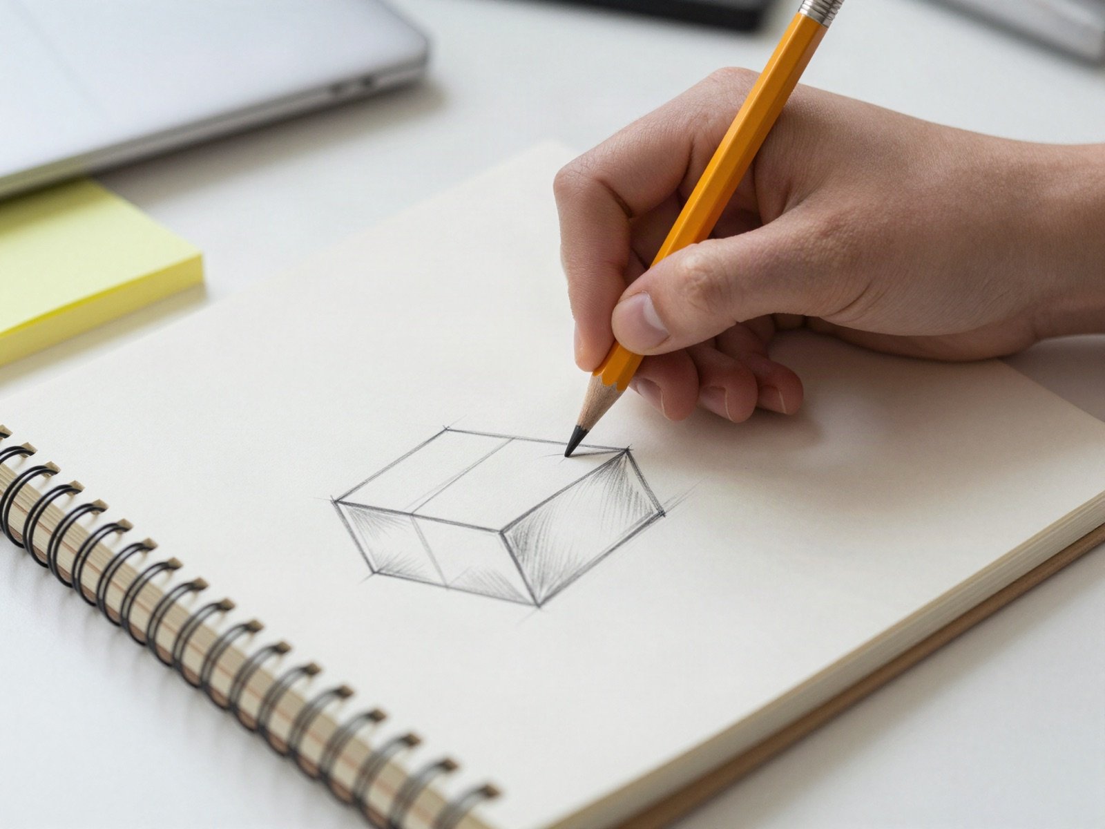 A hand sketching wireframe boxes in a notebook beside sticky notes