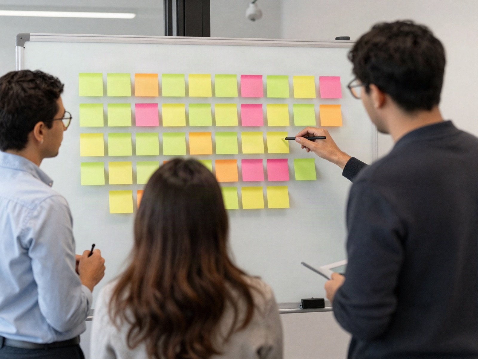A team planning a campaign with colourful sticky notes on a whiteboard
