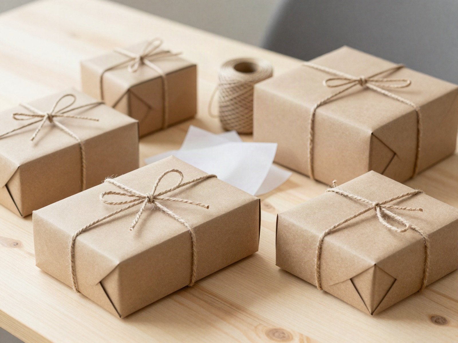 Kraft gift boxes tied with twine on a wooden packing table