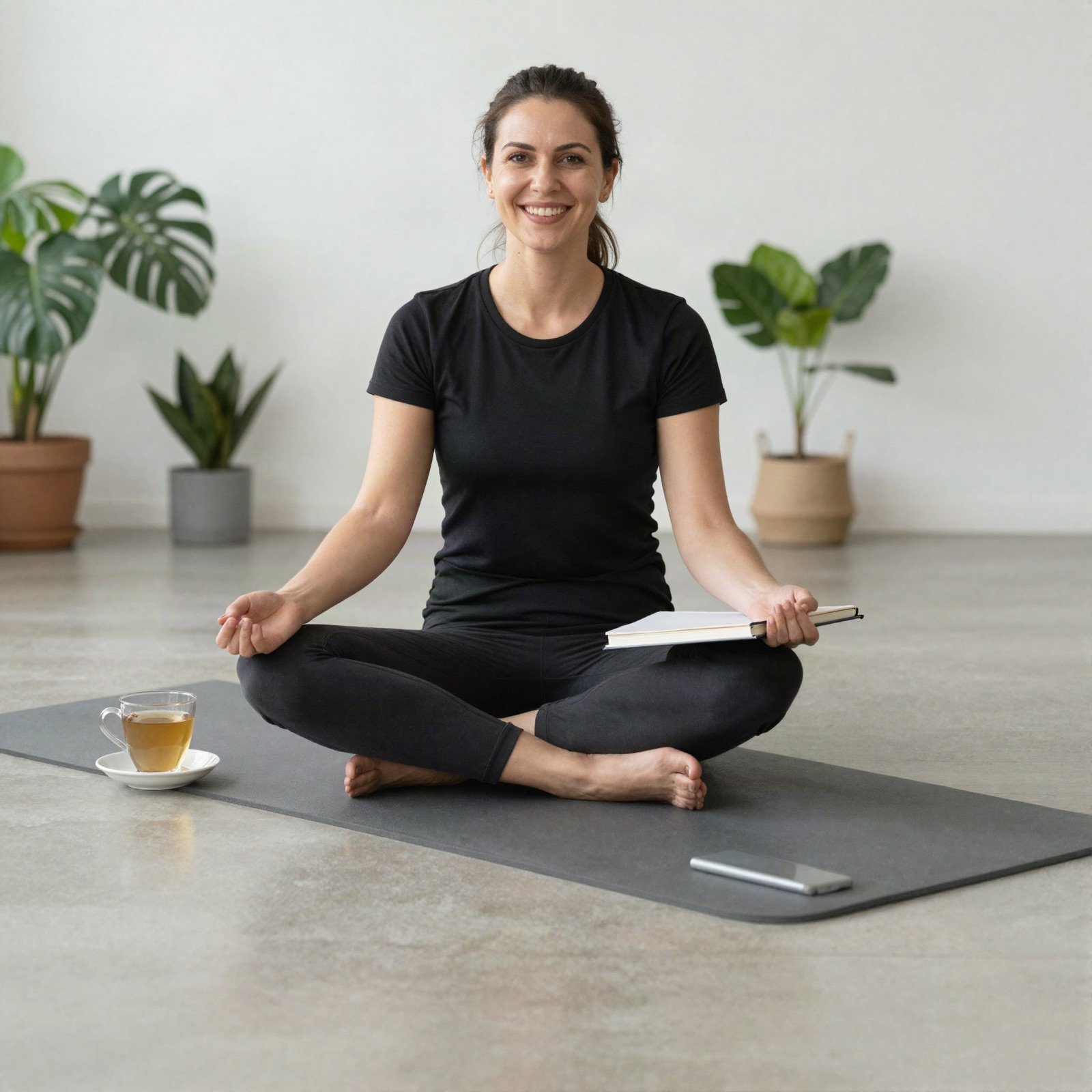 A smiling wellness coach on a yoga mat with a journal and tea