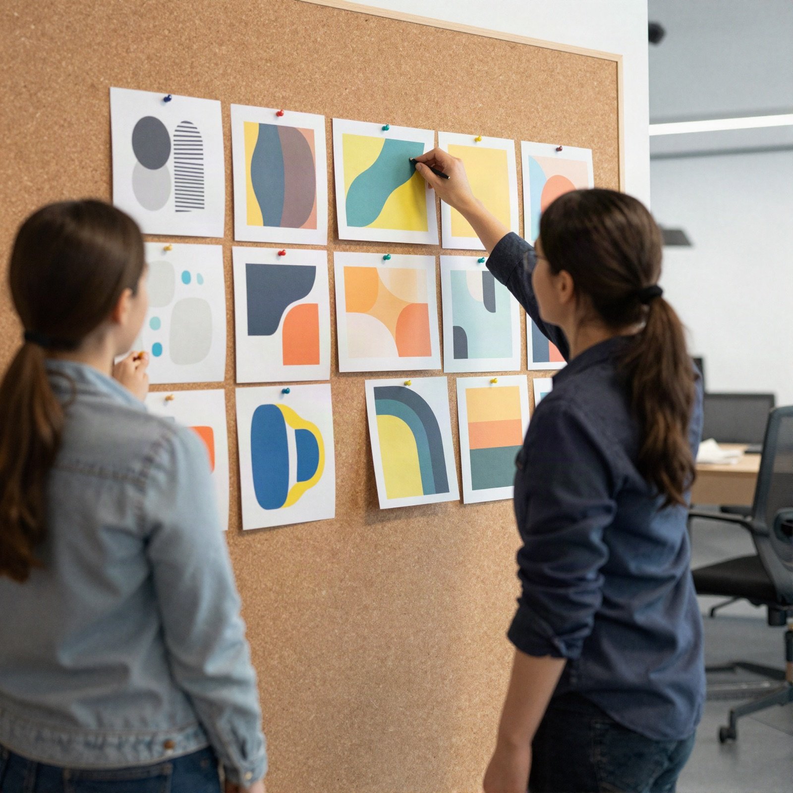 A creative team pinning colourful layouts on a cork wall