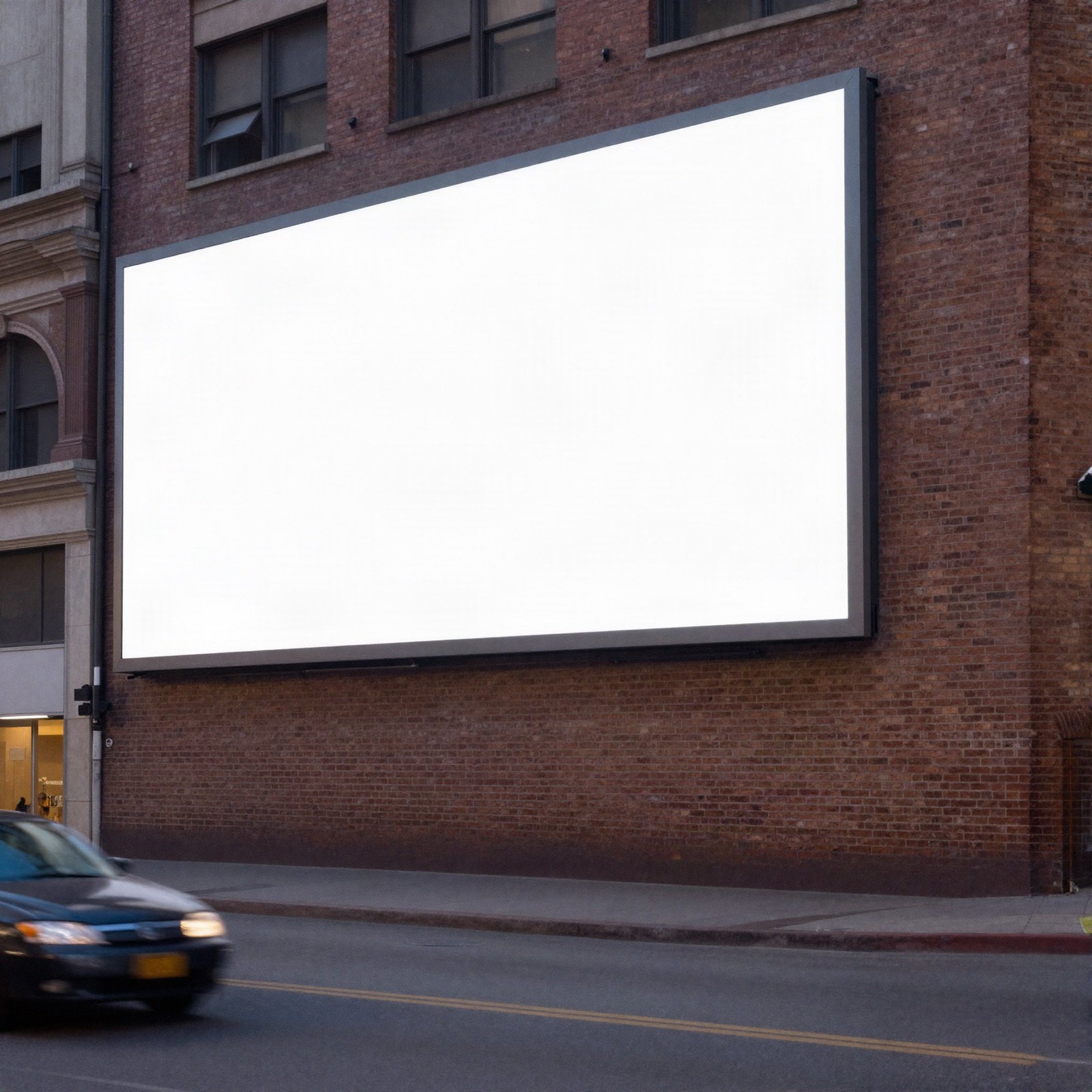 A large blank billboard on a brick building above a city street