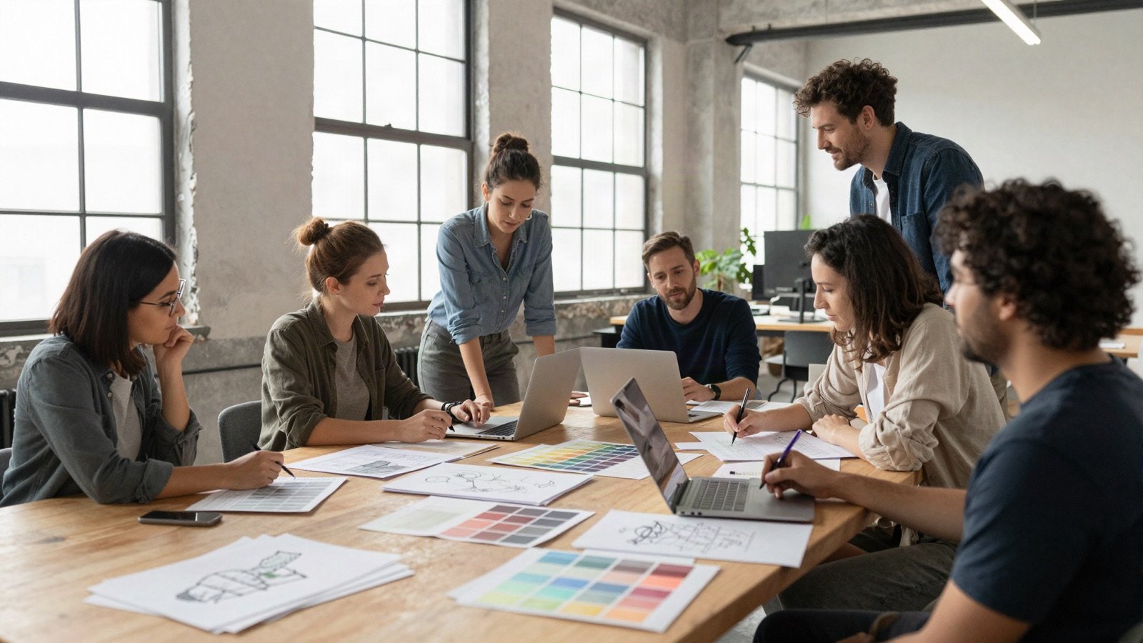 A creative agency team collaborating around a large table in a bright loft studio