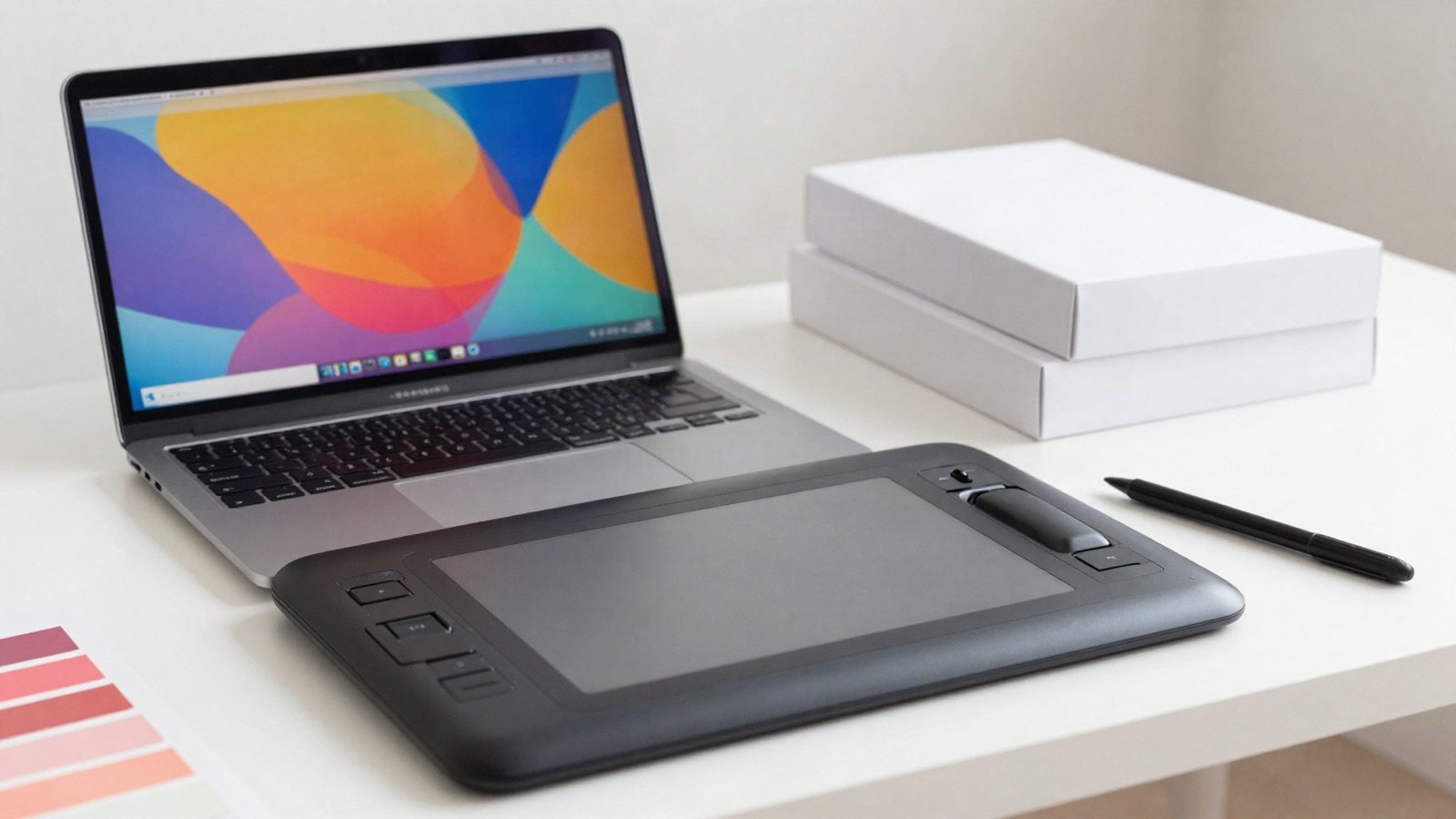 A laptop with colourful abstract artwork, a graphics tablet and blank packaging boxes on a white desk