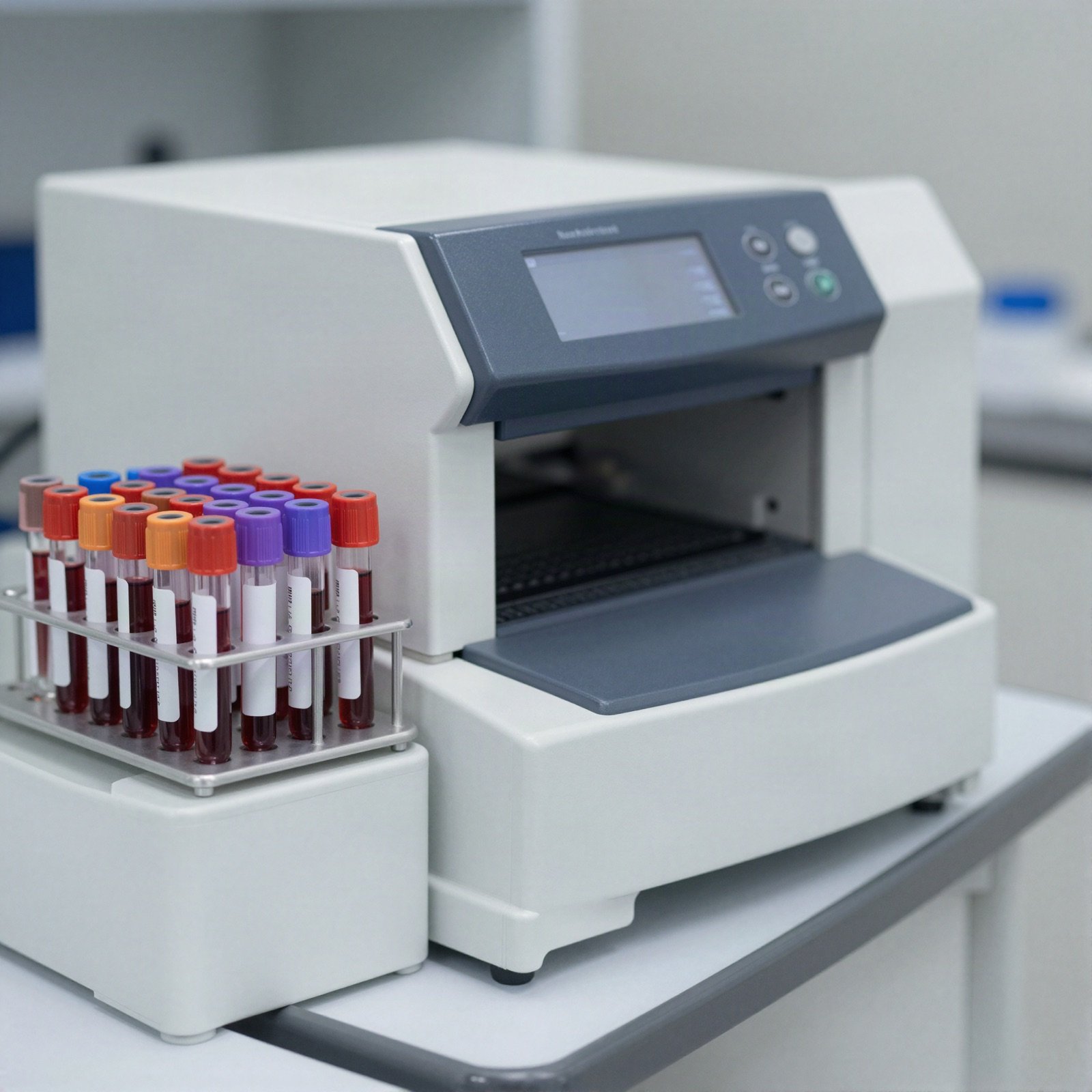 Blood sample tubes in a rack beside a laboratory analyser