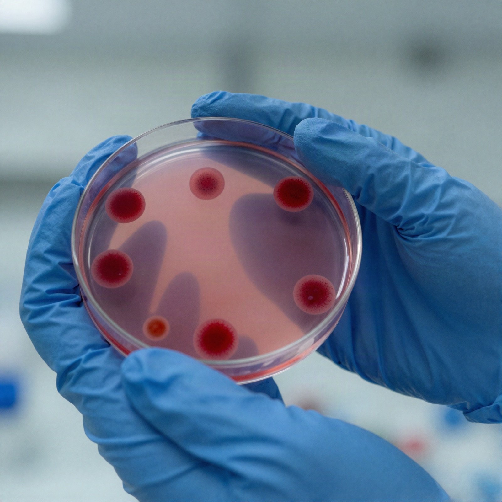 Gloved hands holding a petri dish with red cultures