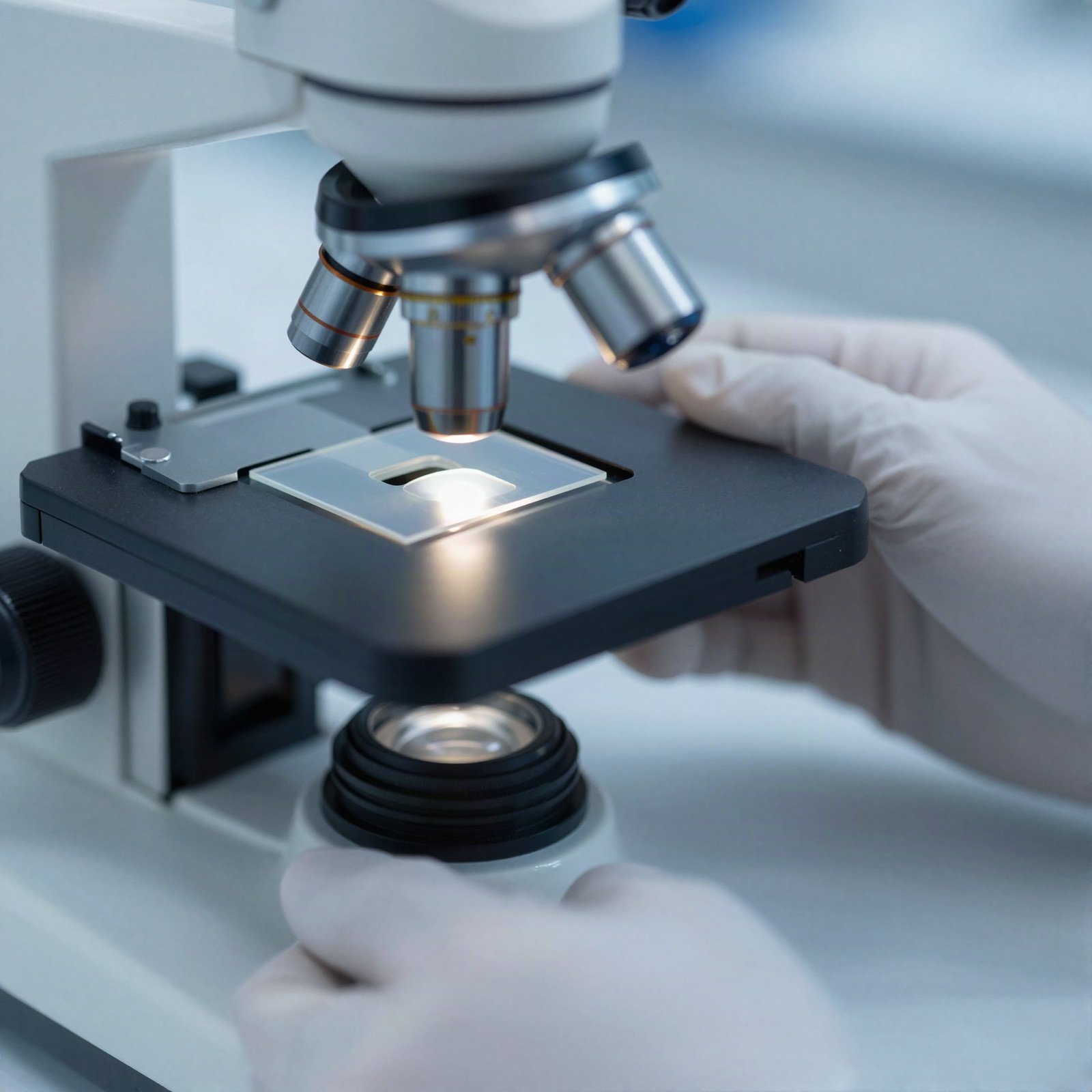 Gloved hands placing a slide on a microscope stage