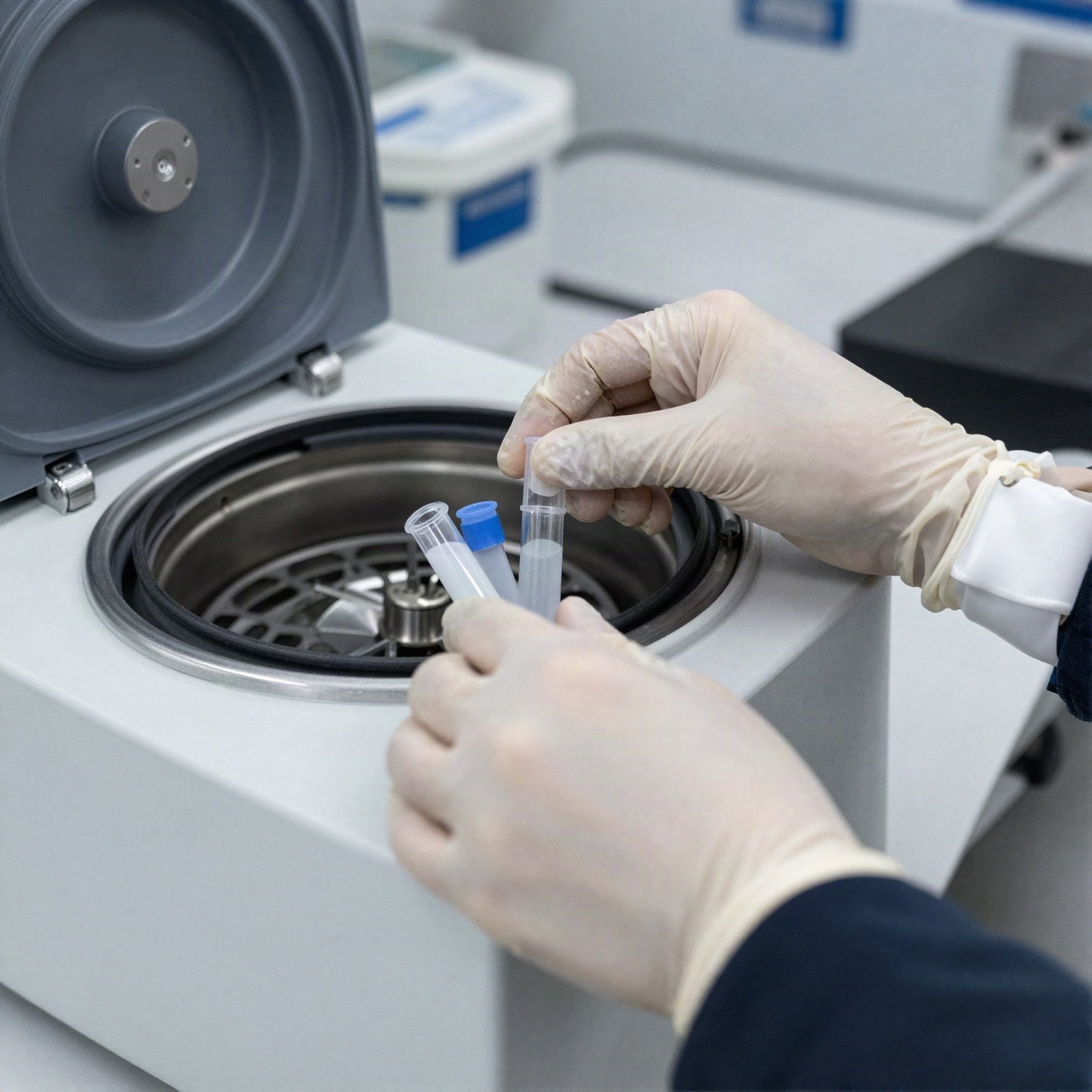 Gloved hands loading sample tubes into a centrifuge