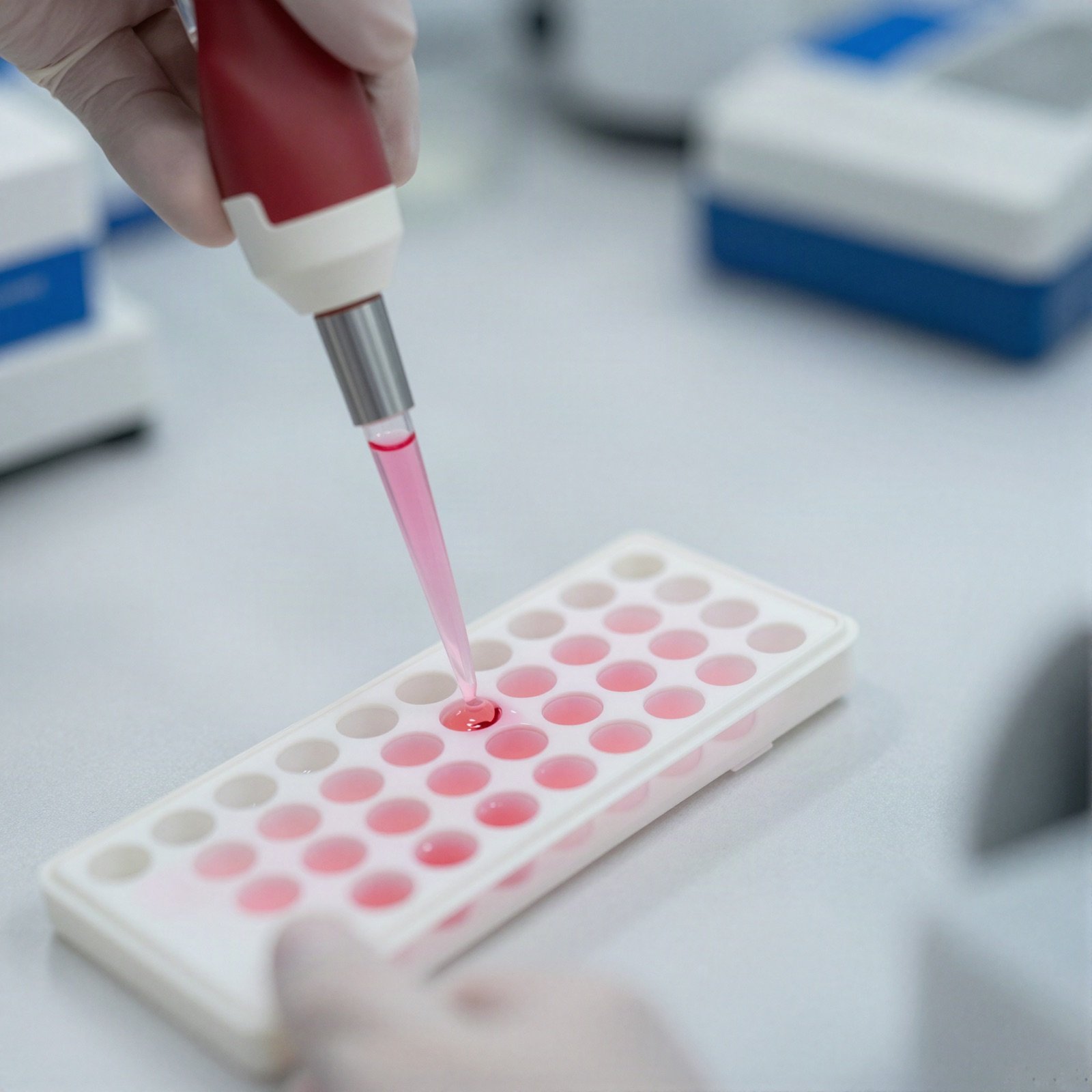 A pipette dispensing pink liquid into a well plate