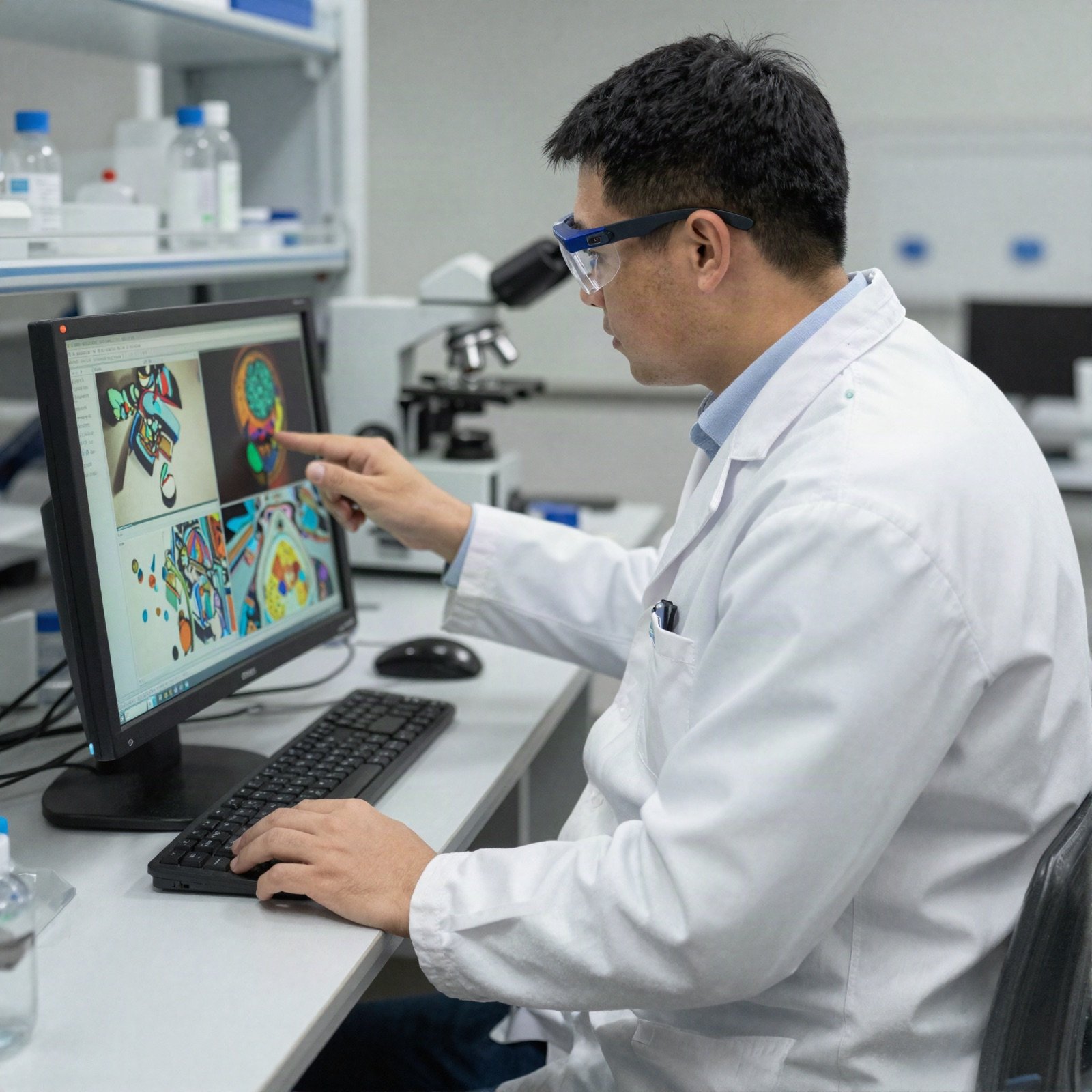 A scientist reviewing microscope images on a monitor