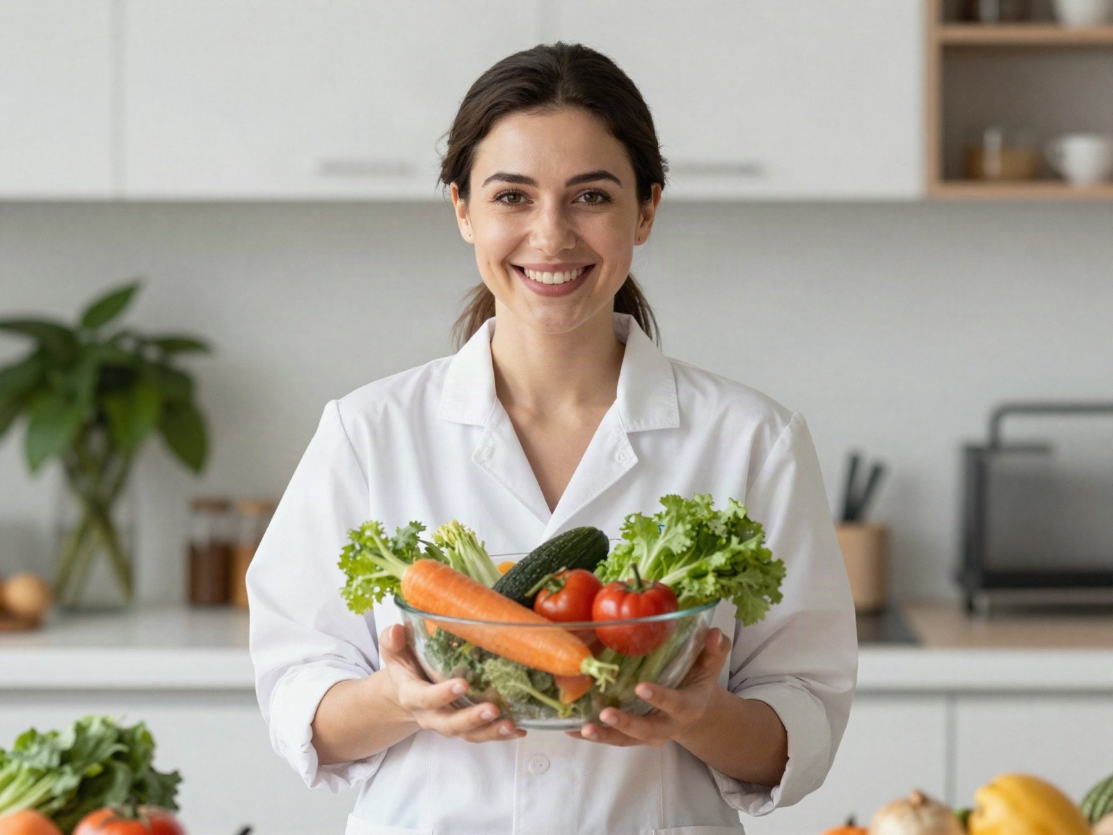 A smiling dietitian holding a bowl of fresh vegetables in a bright kitchen