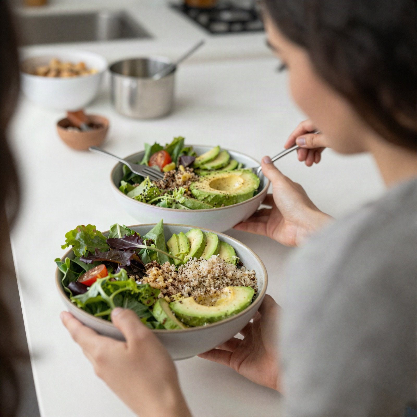 A woman enjoying a colourful salad bowl with quinoa and avocado