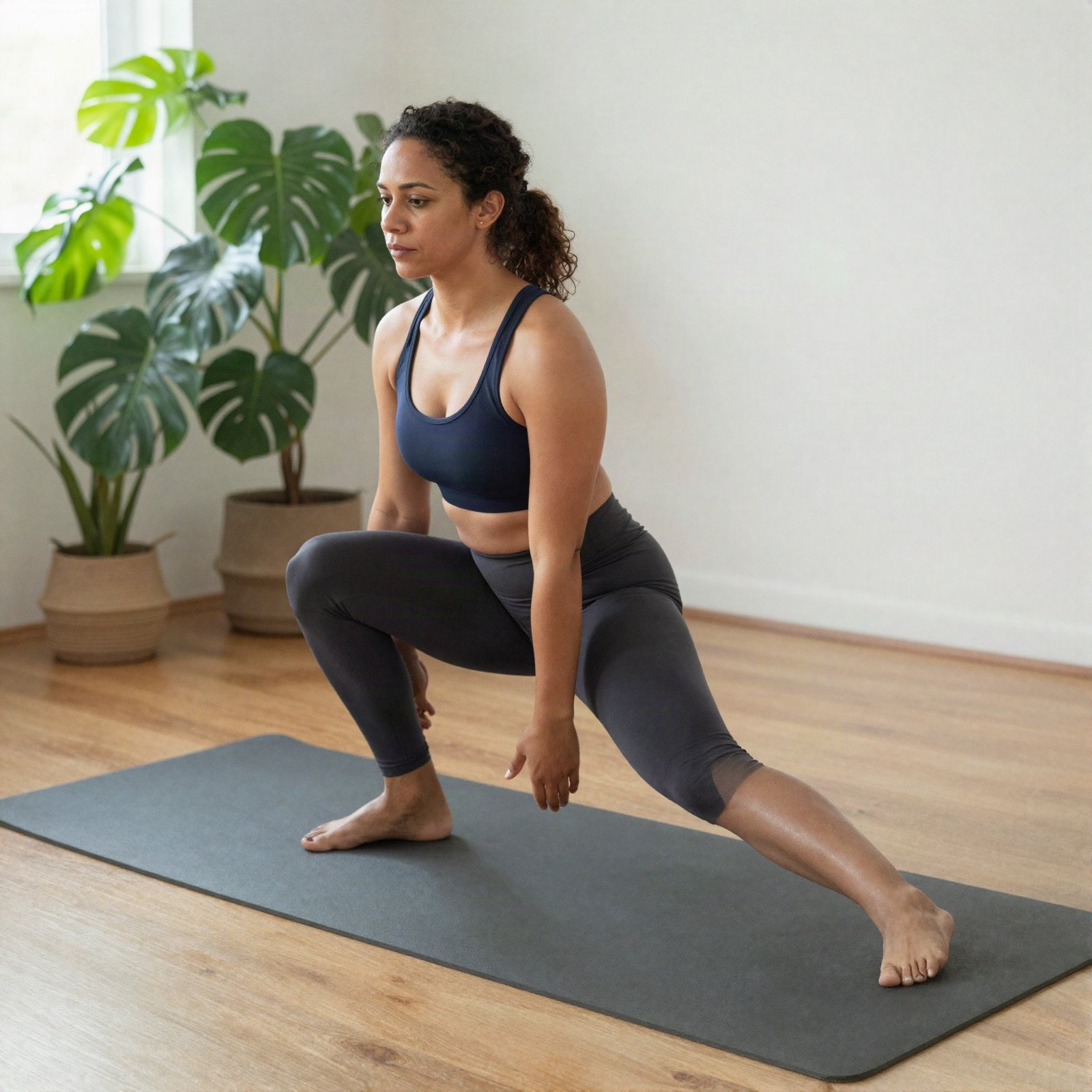 A woman doing a lunge on a yoga mat in a bright living room