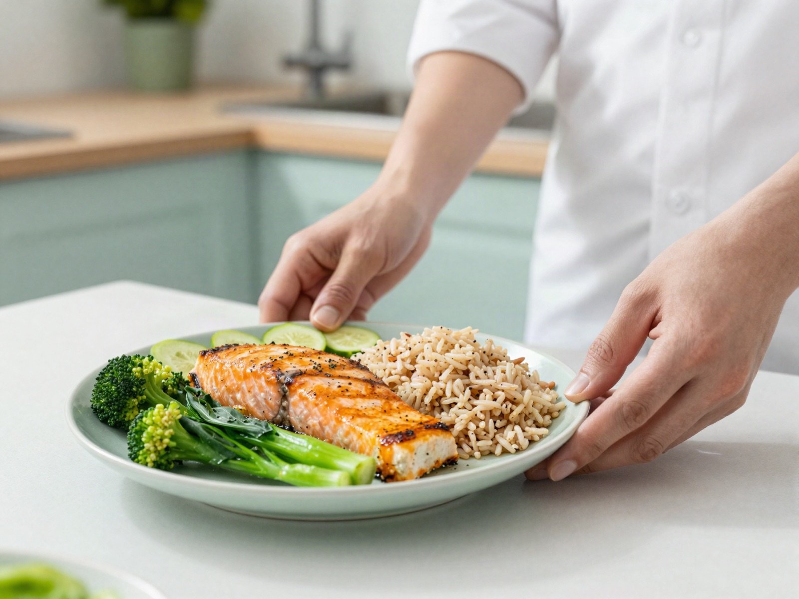 A dietitian serving a balanced plate of salmon, brown rice and greens