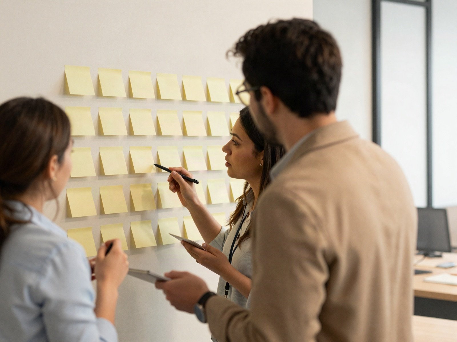 Colleagues planning ideas on a wall of sticky notes