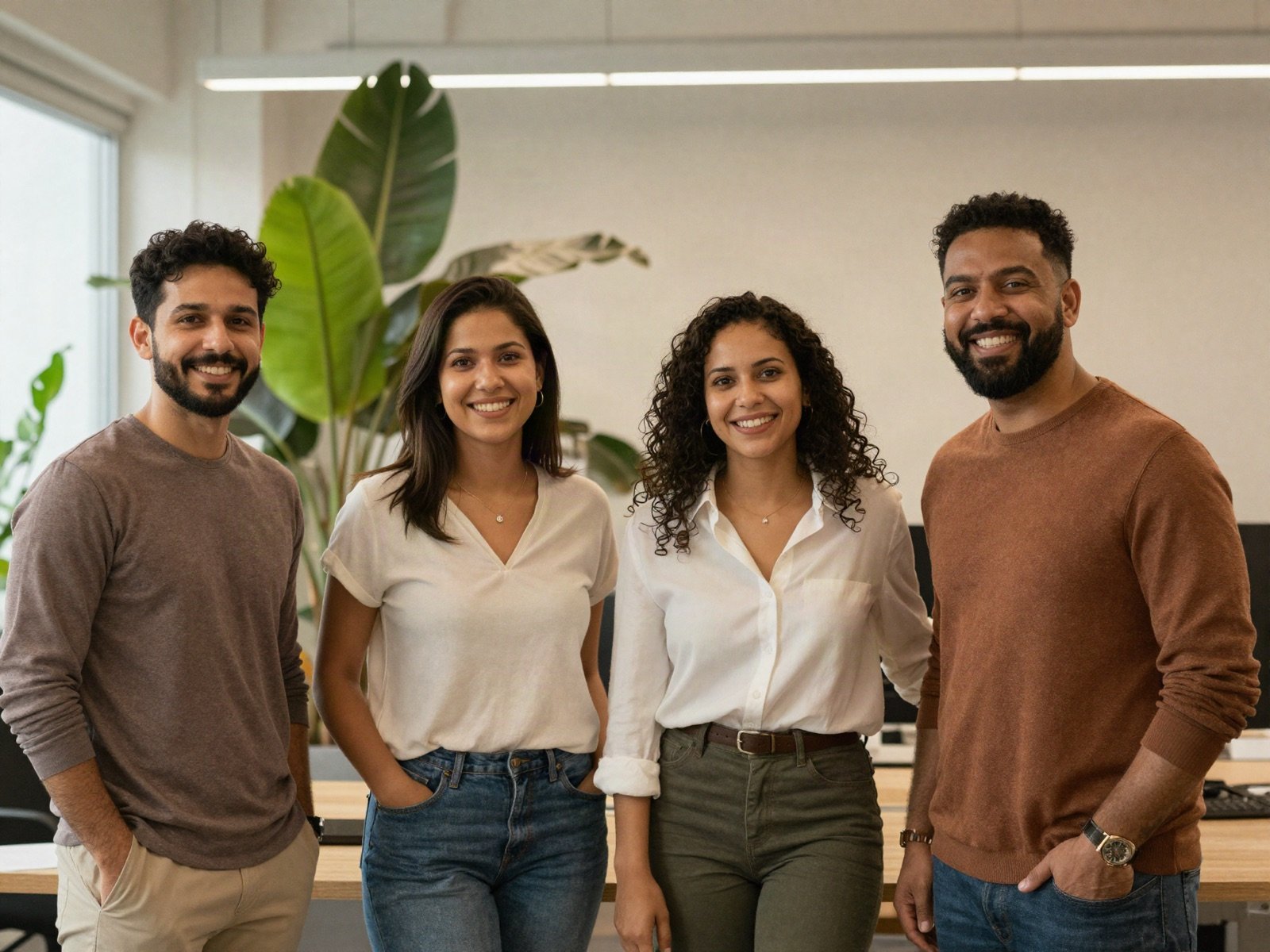 Four smiling colleagues standing together in a bright office