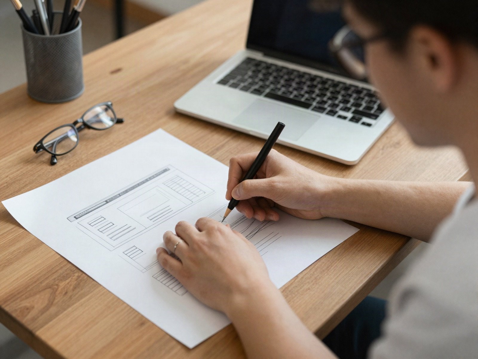 A designer sketching a website wireframe on paper next to a laptop