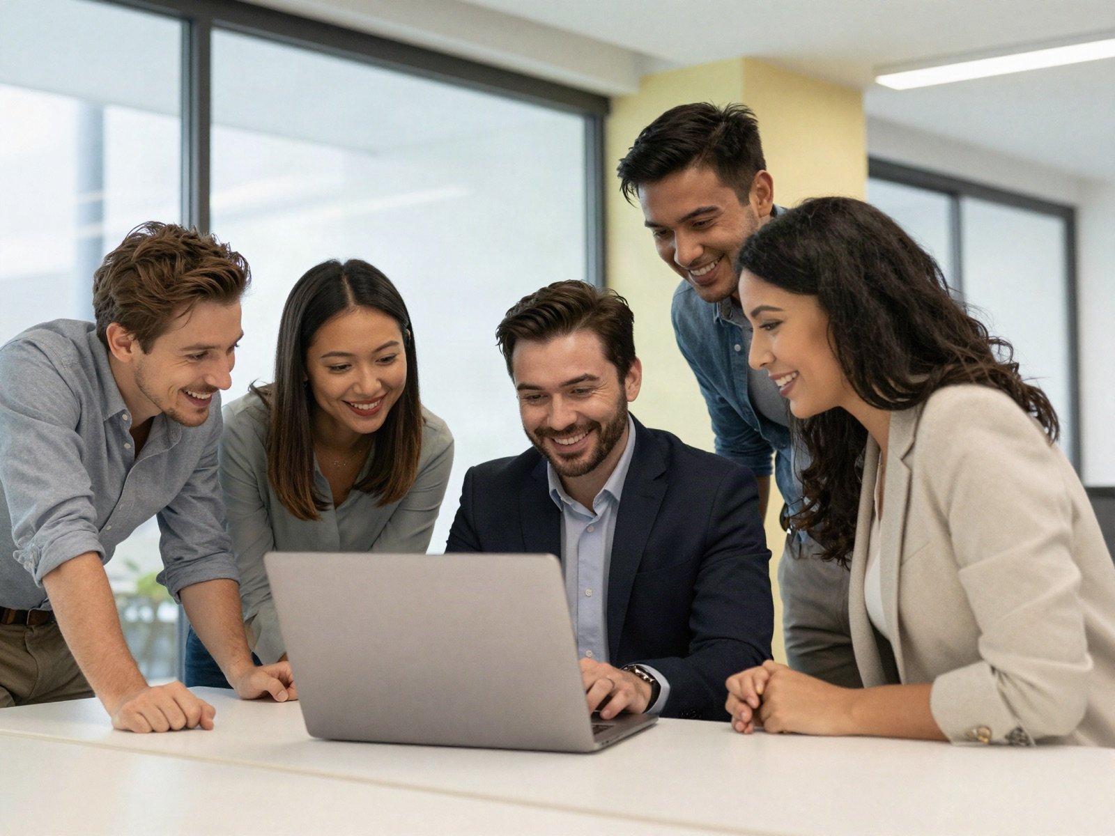 Five smiling colleagues gathered around a laptop in a modern office