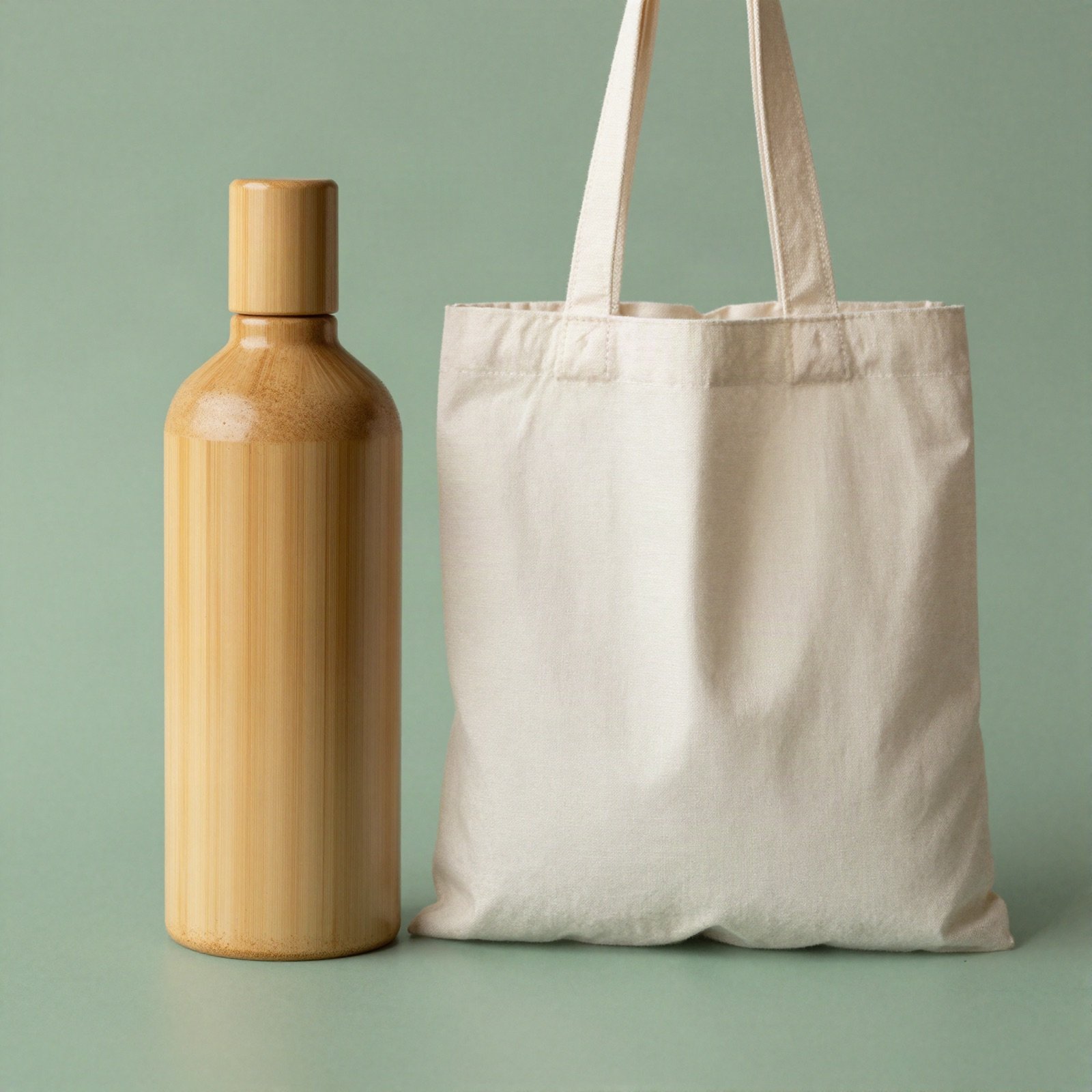 A bamboo bottle and a cotton tote bag on a sage green background