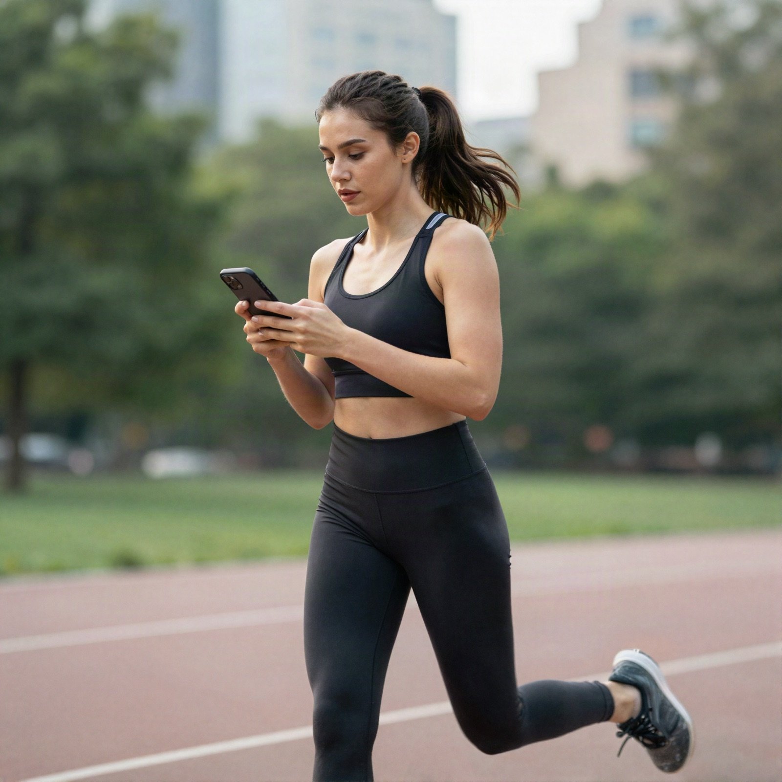 A runner checking her phone on a park running track