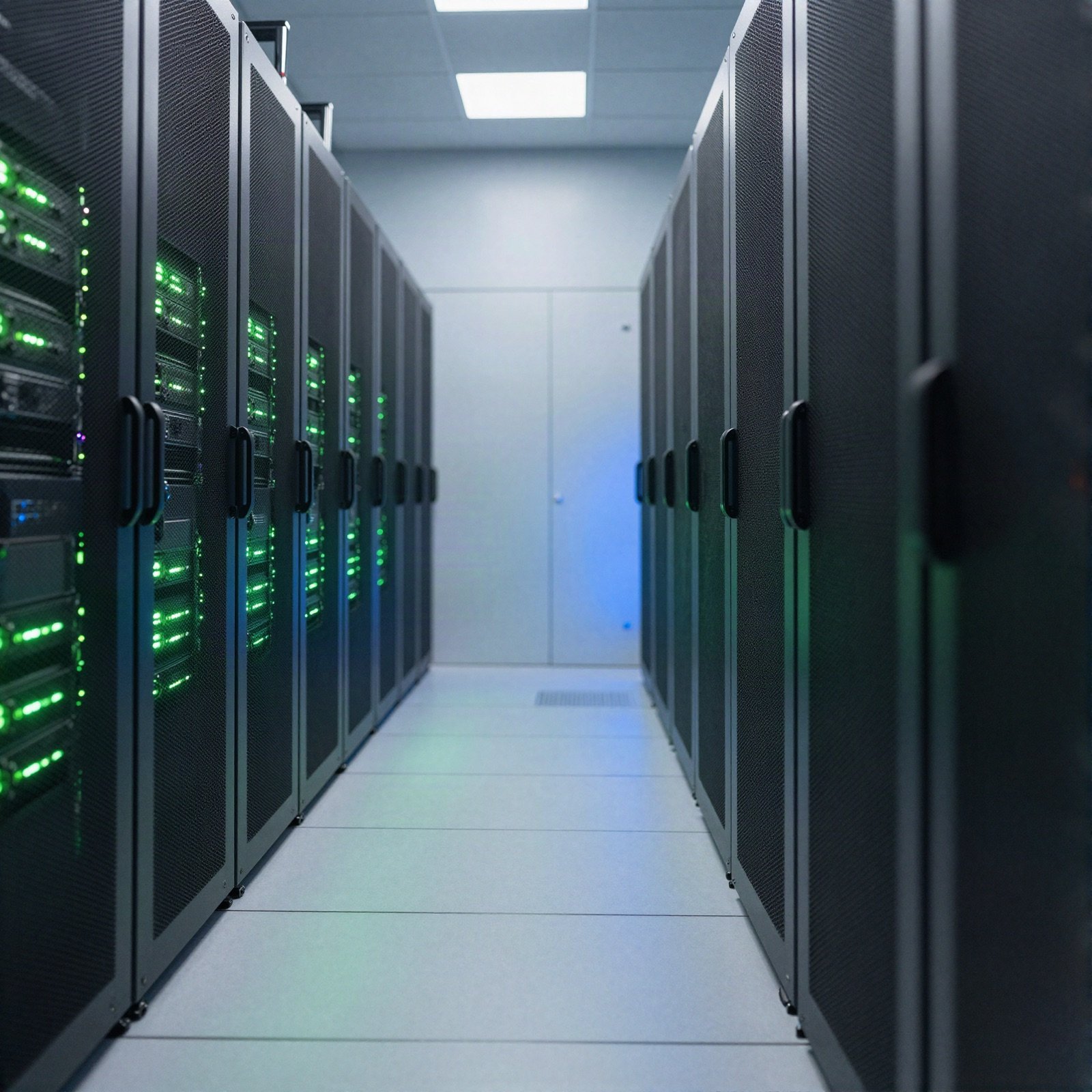 A server room aisle lit with green and blue lights