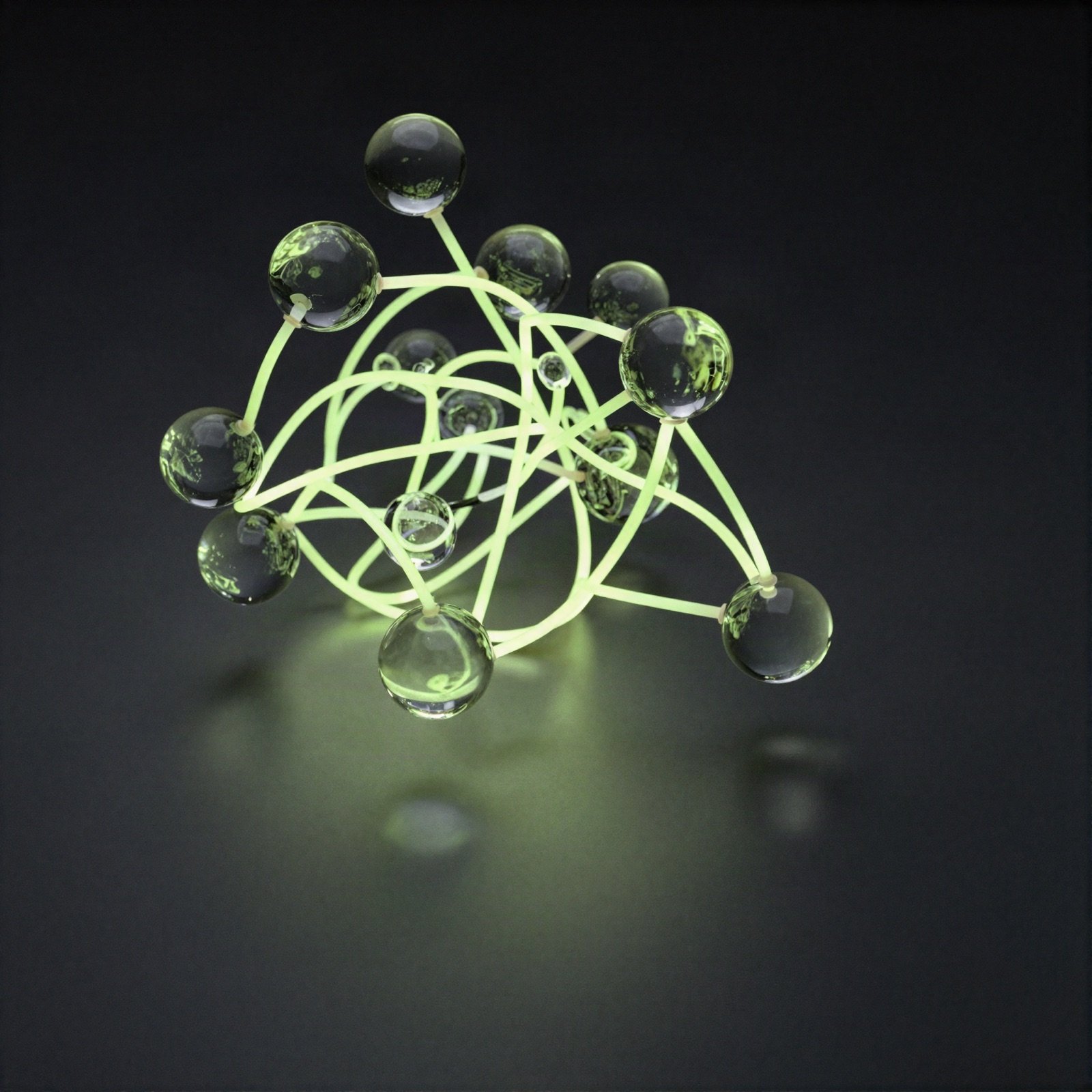 A glowing sculpture of glass spheres connected by lime green light lines