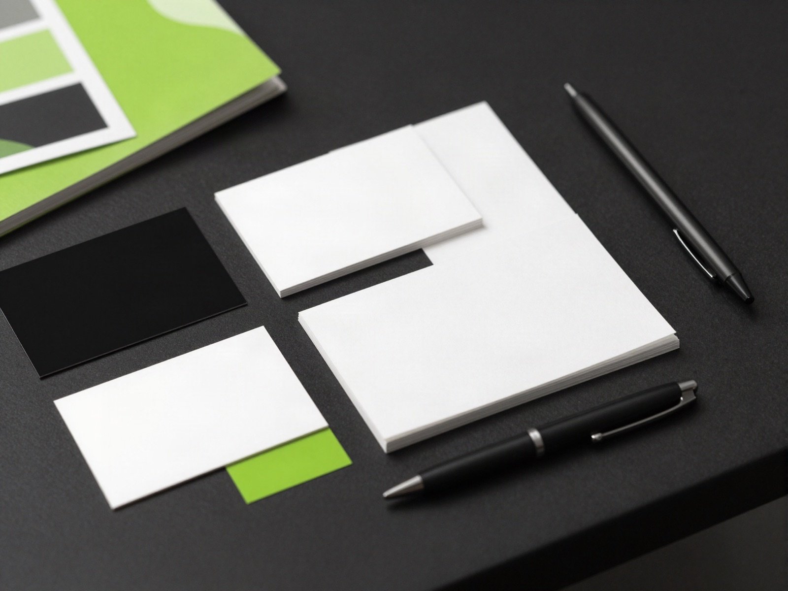 Blank business cards, stationery and lime green colour swatches on a dark table