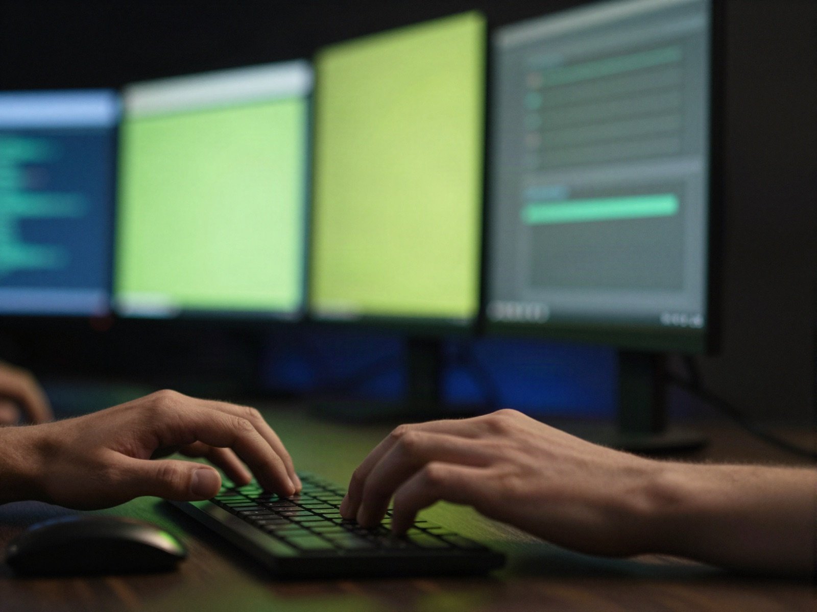 A developer typing in front of glowing monitors