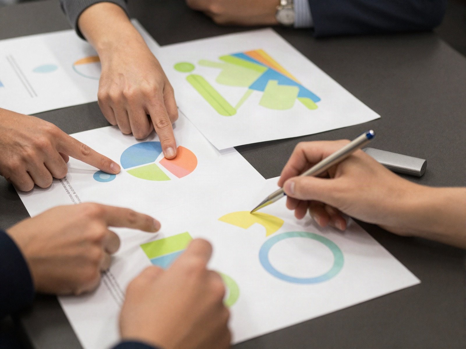 A team pointing at printed charts on a table