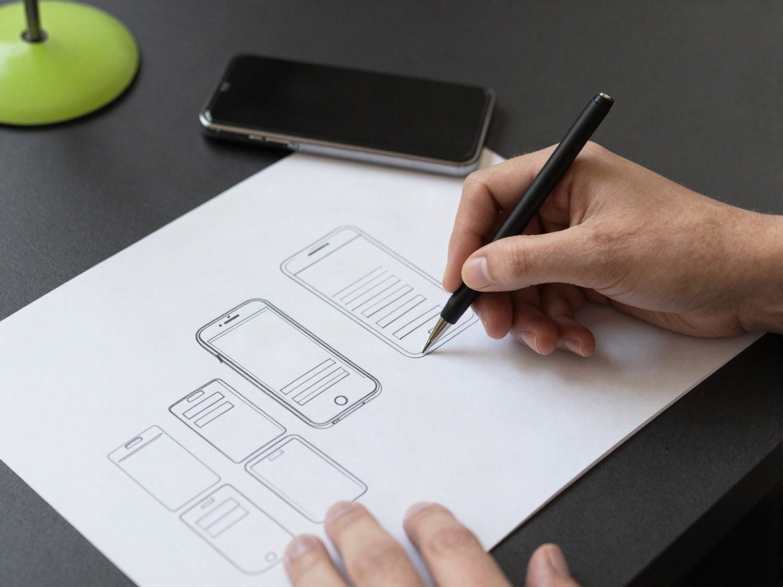 A designer sketching mobile app layouts on paper next to a phone