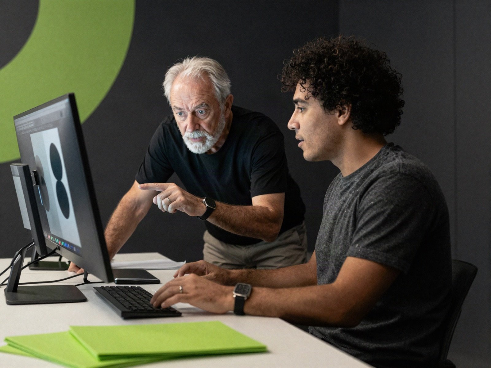A senior designer mentoring a colleague at a monitor
