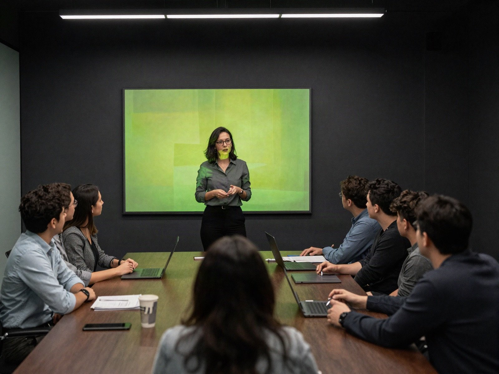 A colleague presenting to an enterprise team in a dark boardroom