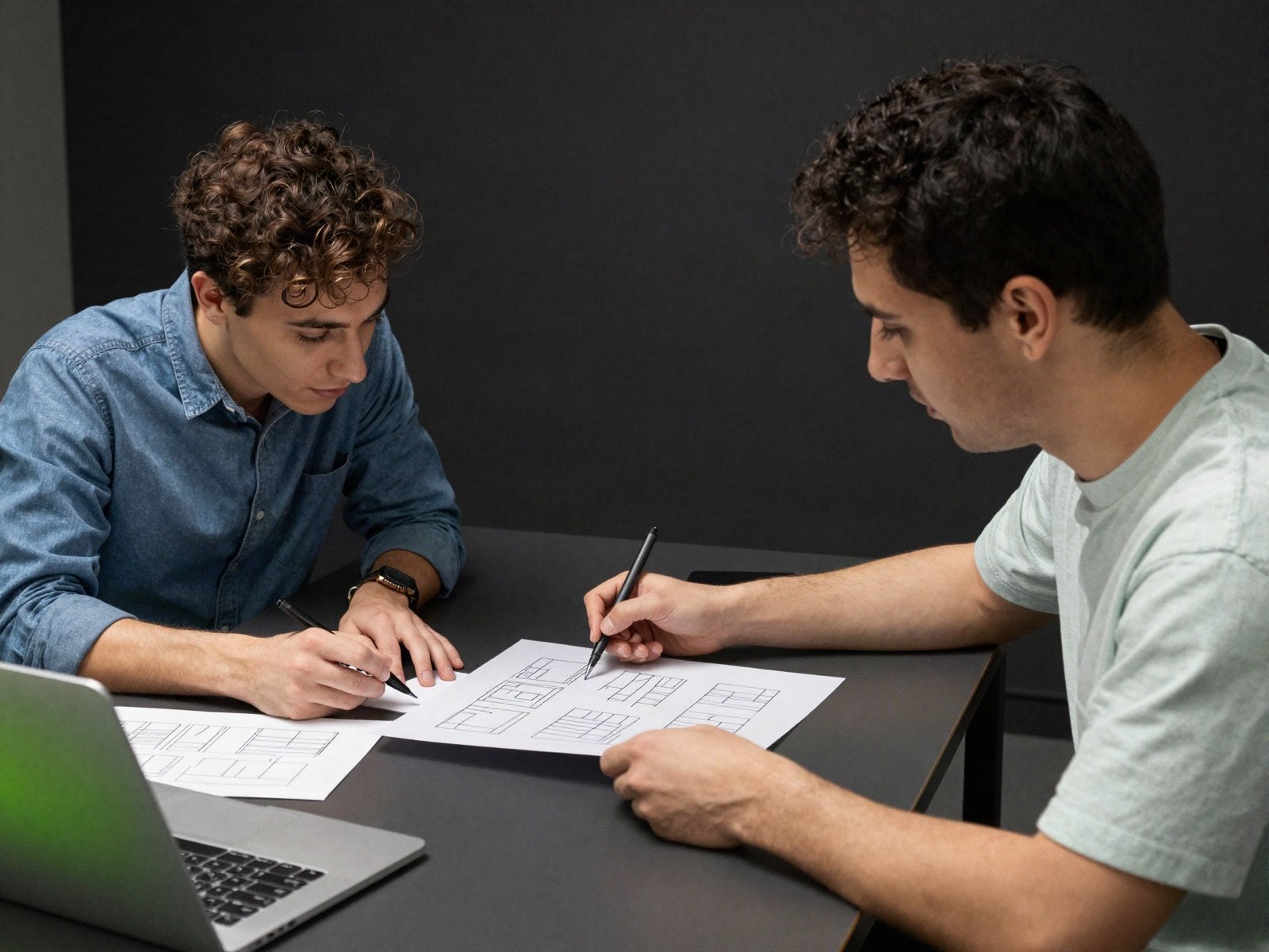 Two founders sketching wireframes for a new product